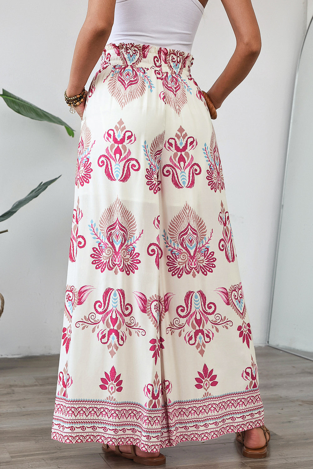 Rose Boho Printed Shirred High Waist Flowy Wide Leg Pants