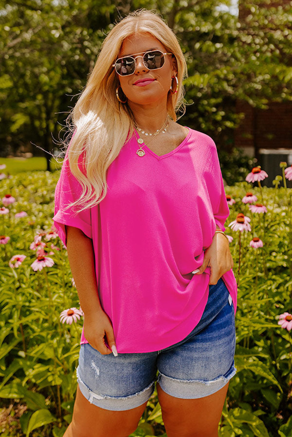 Bright Pink Seamed Back High Low Hem V Neck Plus Size Tee