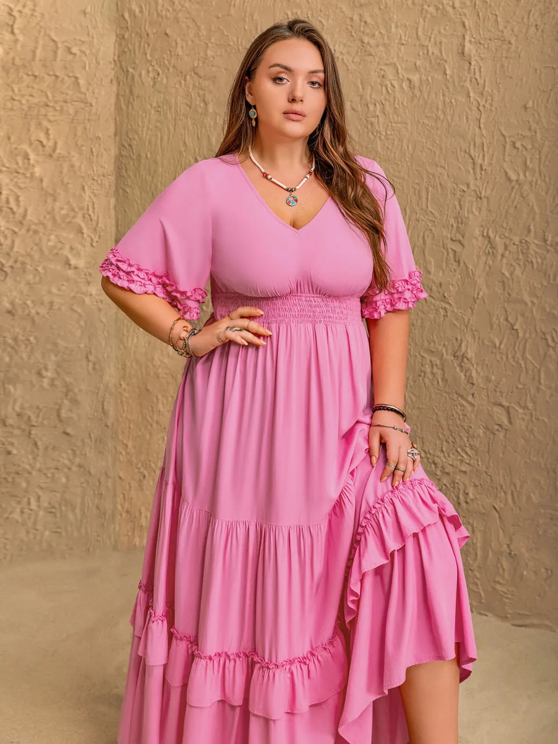 Plus Size V-Neck Half Sleeve Maxi Dress