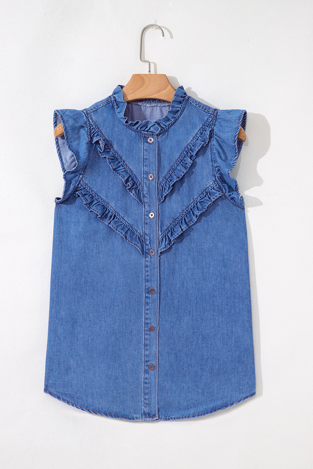 Sky Blue Mineral Wash Sleeveless Frill Button-Up Denim Shirt