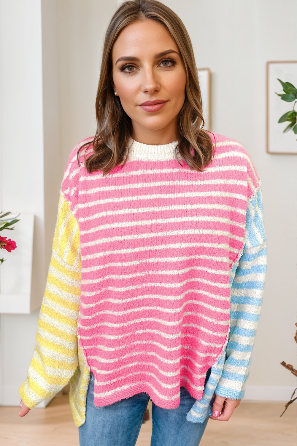 Multicolour Striped Exposed Seam Colorblock Patchwork Plus Size Sweater