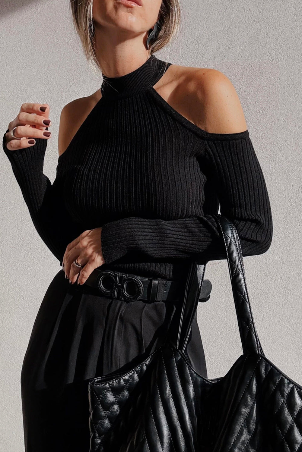 Black Ribbed Knit Cold Shoulder Choker Neck Sweater