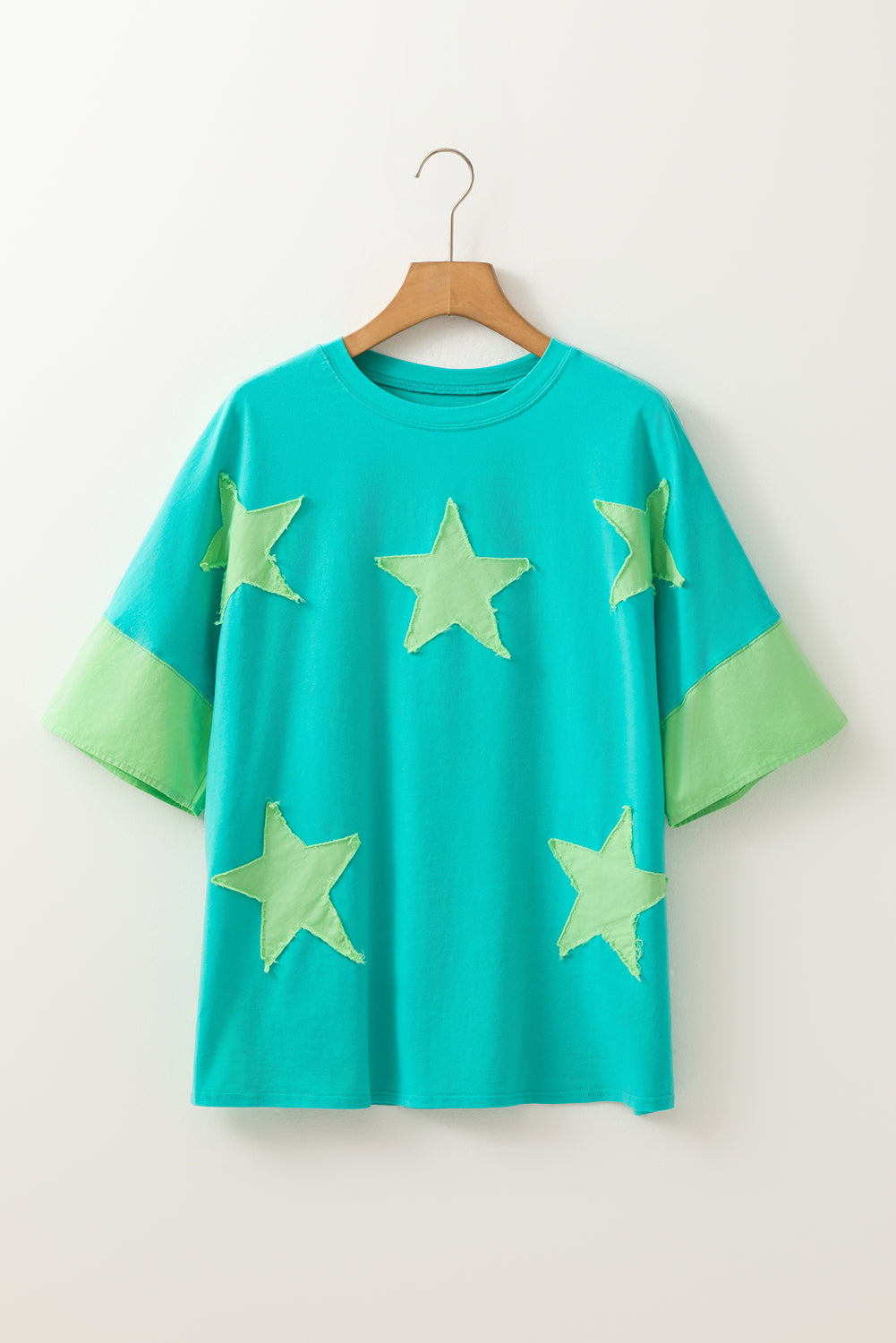 Aruba Blue Frayed Star Patched 4th of July Oversize T Shirt