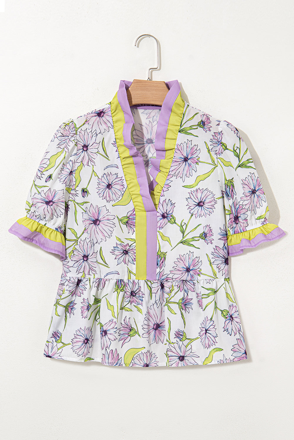 Purple Floral Print Ruffle Pop of Color Neckline Blouse
