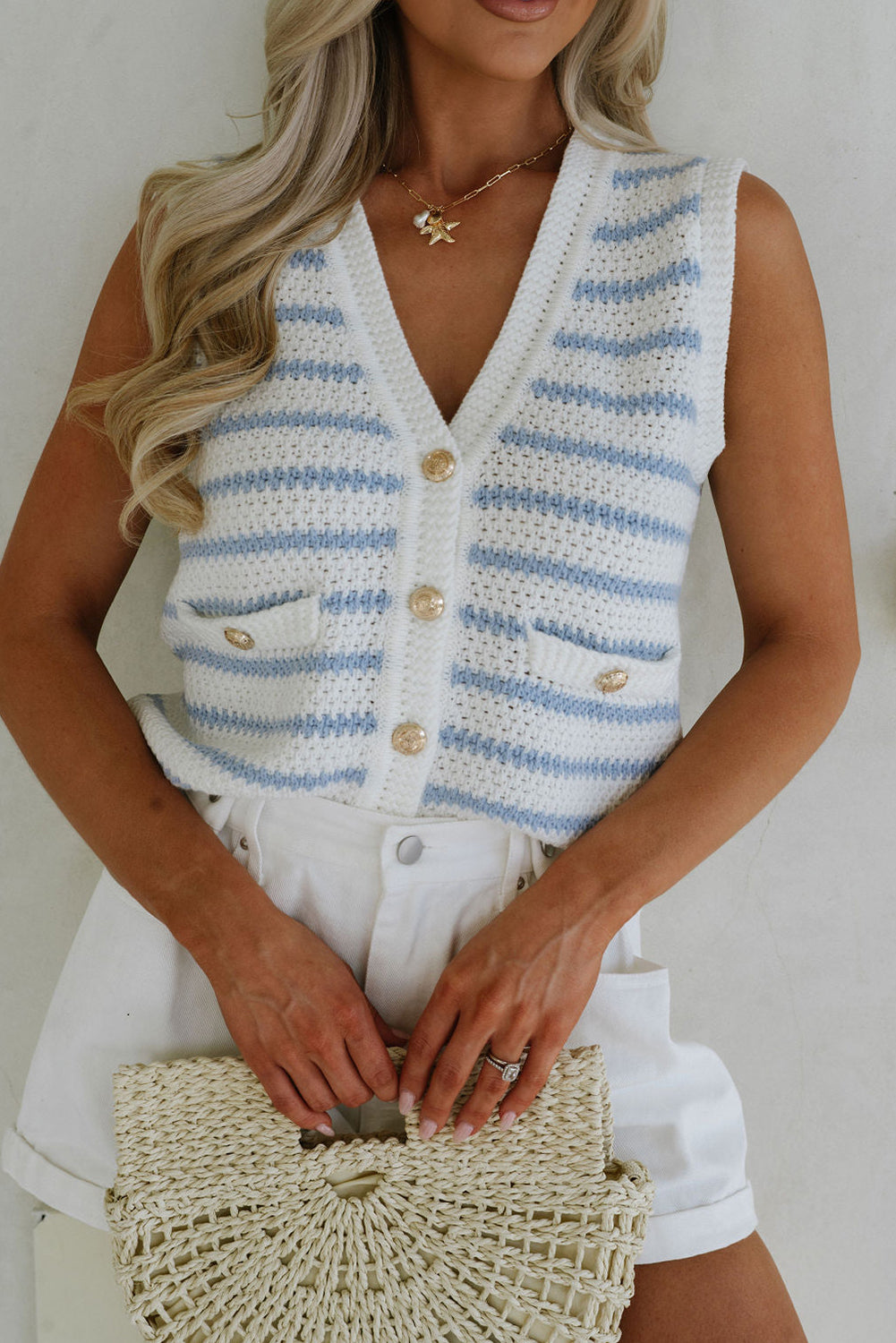 Sky Blue Striped V Neck Button Knit Vest
