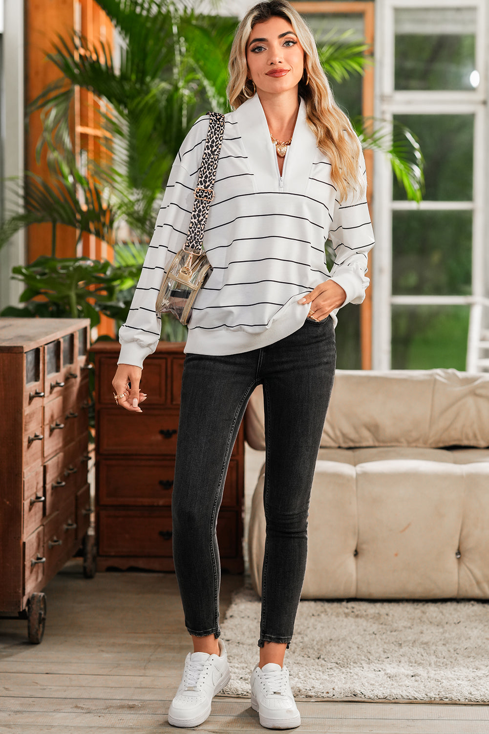 White Striped Zipper V-Neck Drop Sleeve Top