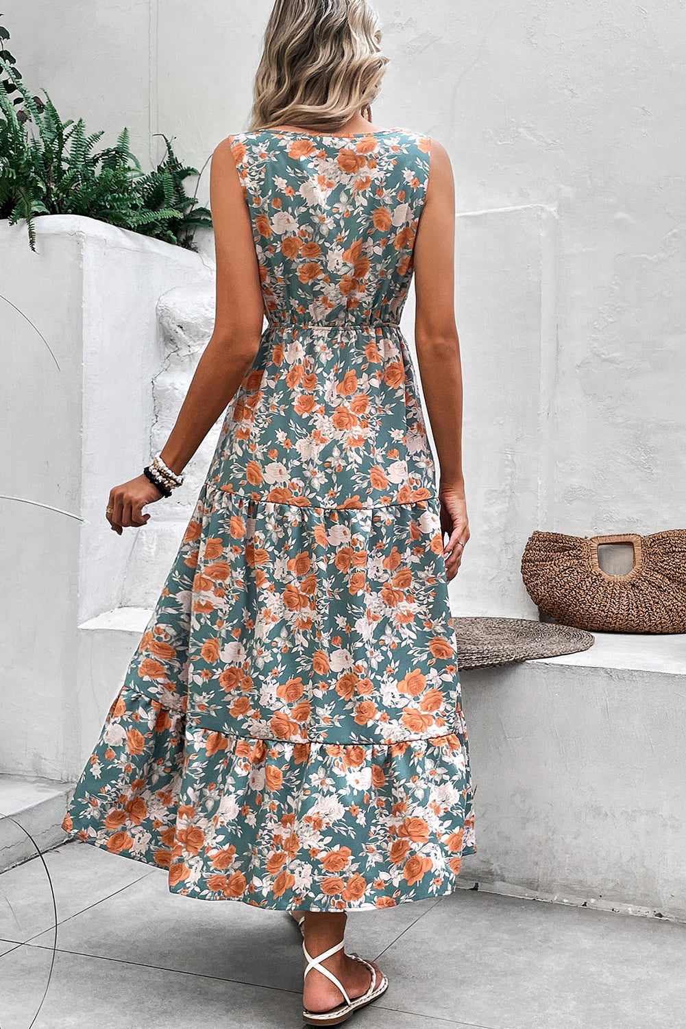 Green Floral Print Trimmed V Neck Sleeveless Vacation Dress