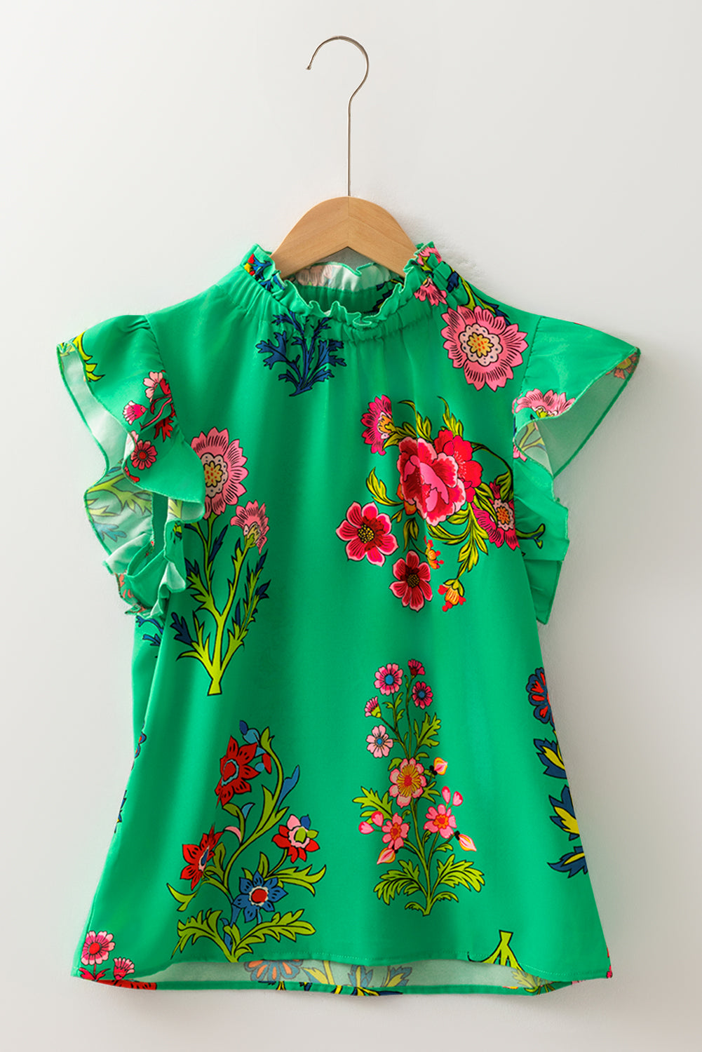 Green Floral Print Flutter Sleeve Frill Neck Blouse