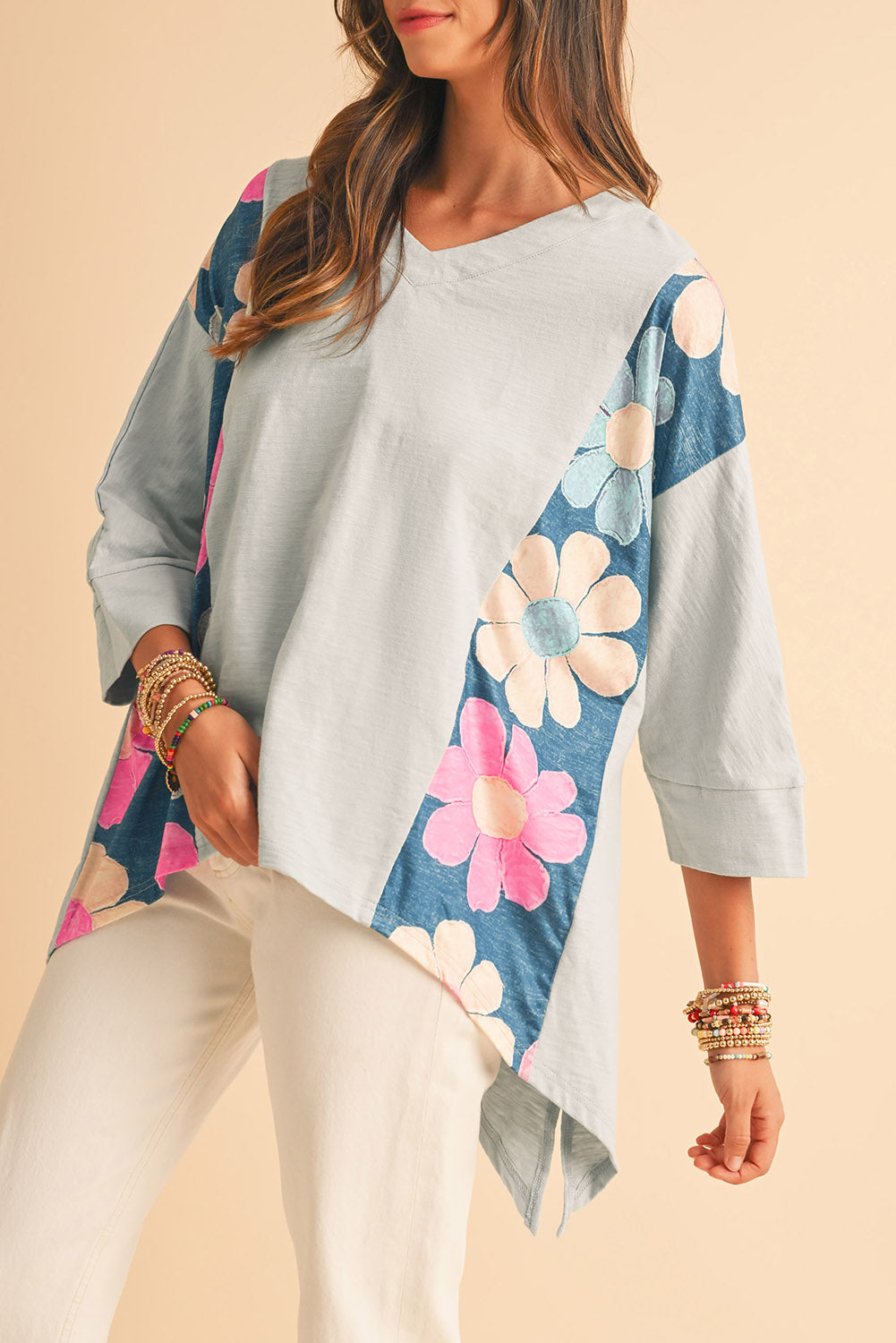 Green Patchwork 60s Floral V Neck Bracelet Sleeve Oversized Top