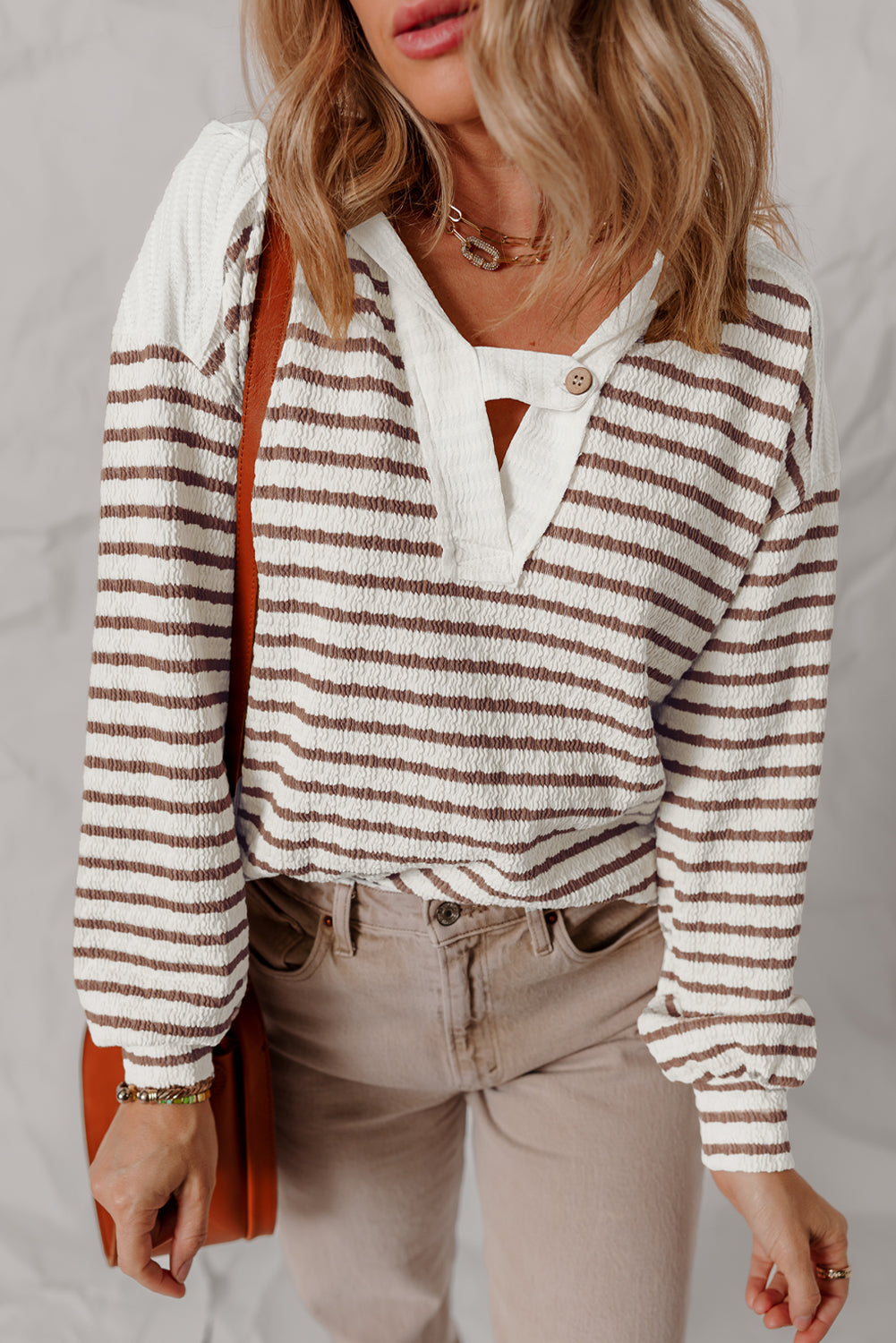 Khaki Stripe Textured Hooded Long Sleeve Top