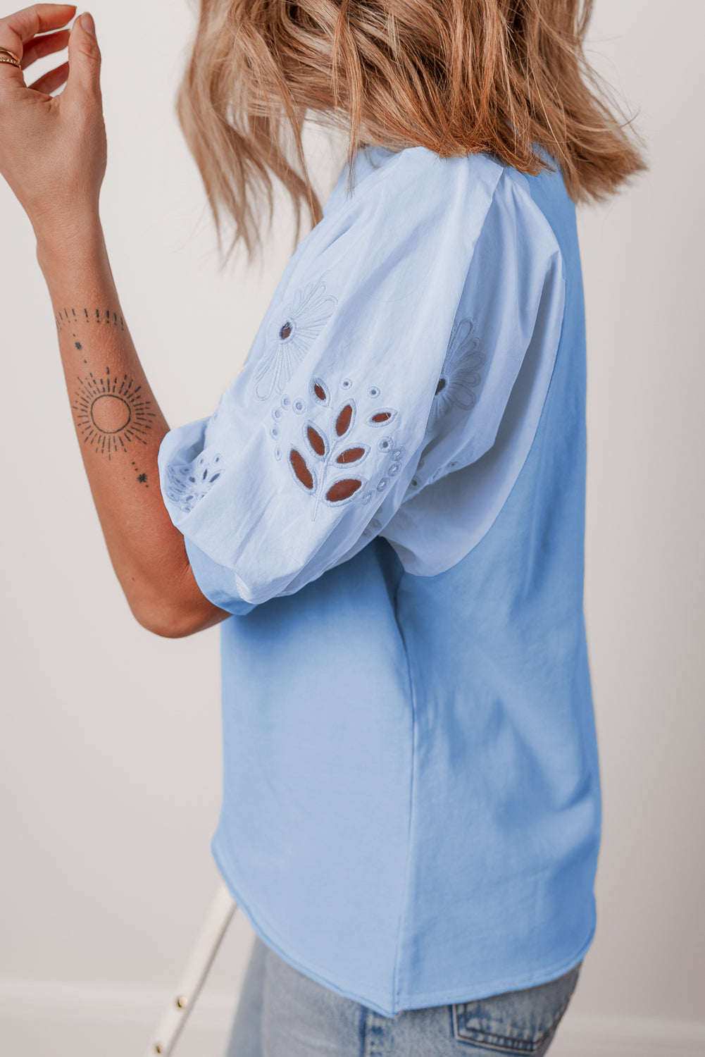 Beau Blue Eyelet Flower Embroidered Crew Neck Blouse