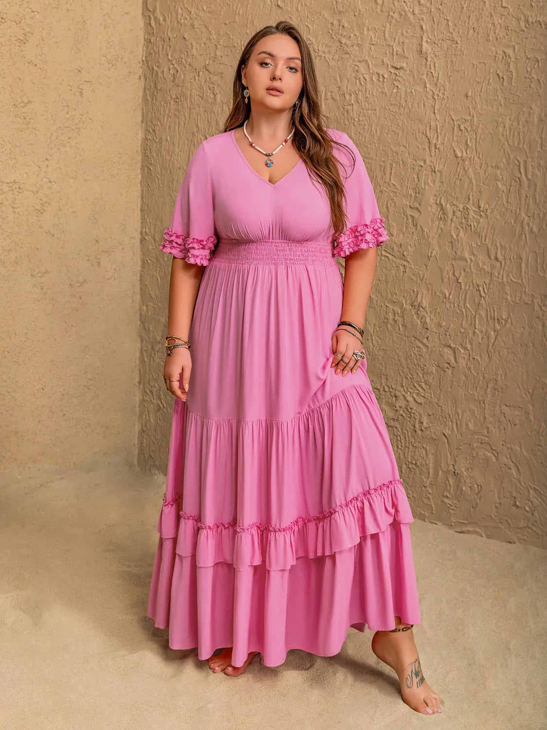 Plus Size V-Neck Half Sleeve Maxi Dress