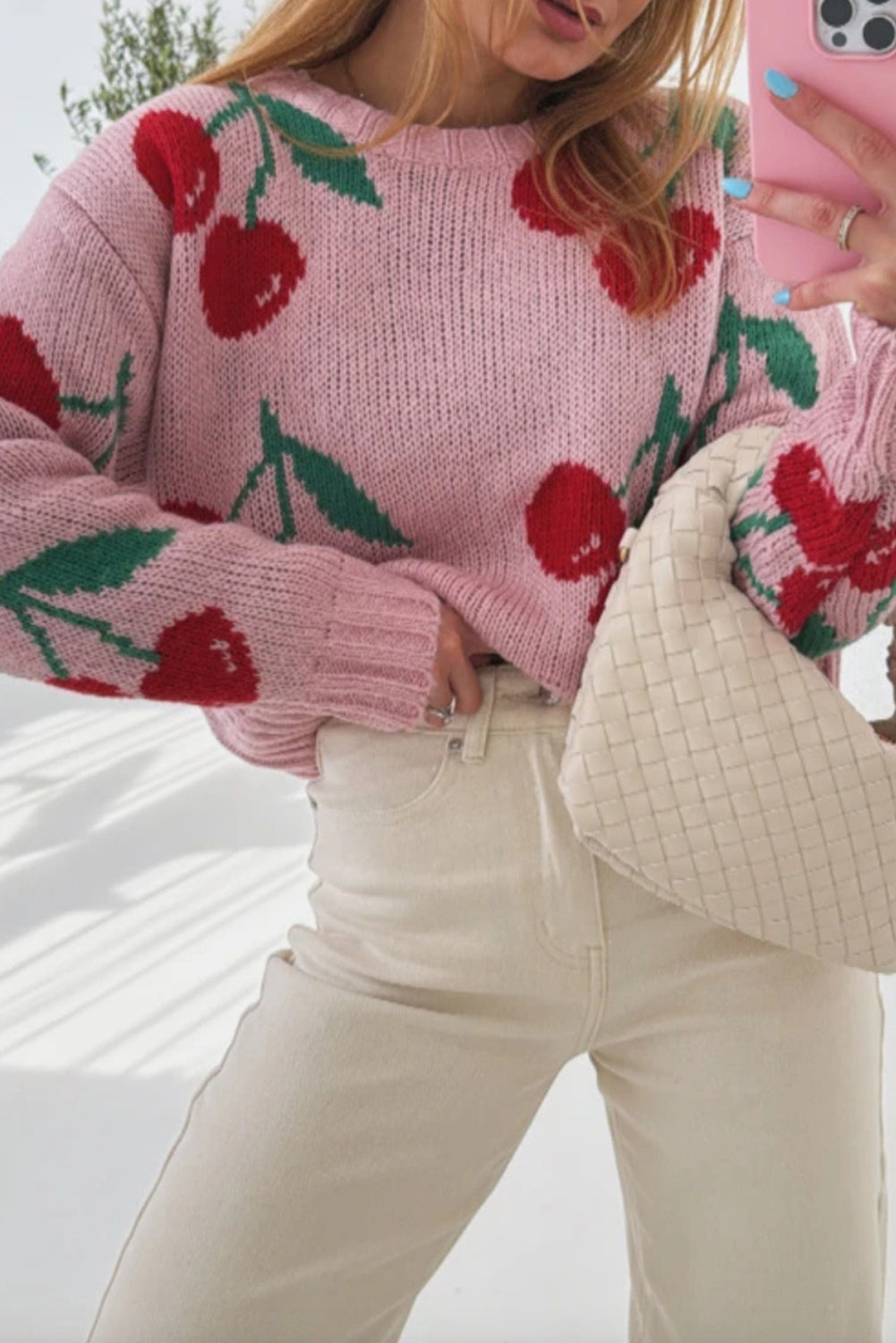 Pink Cherry Print Round Neck Knit Sweater