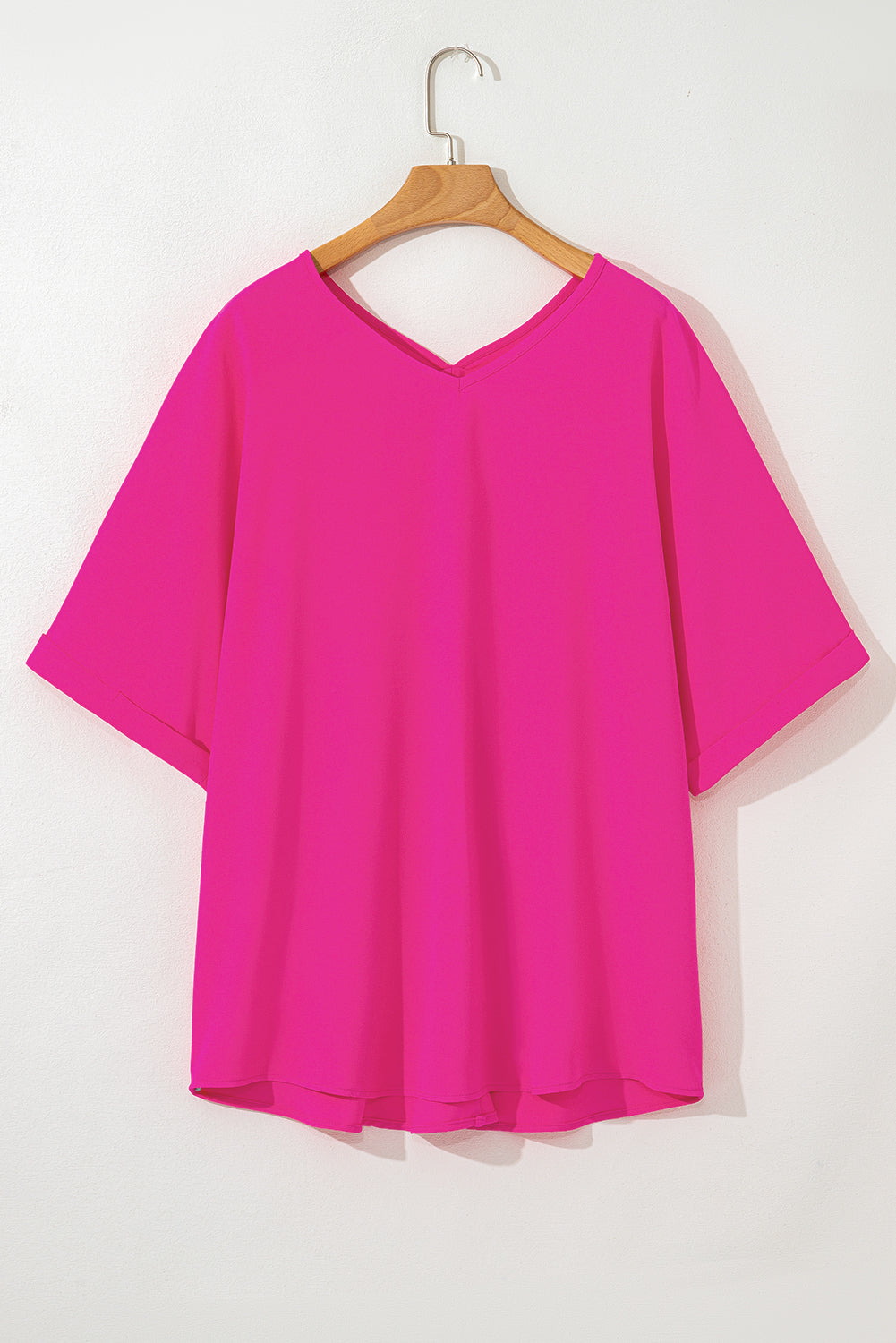 Bright Pink Seamed Back High Low Hem V Neck Plus Size Tee