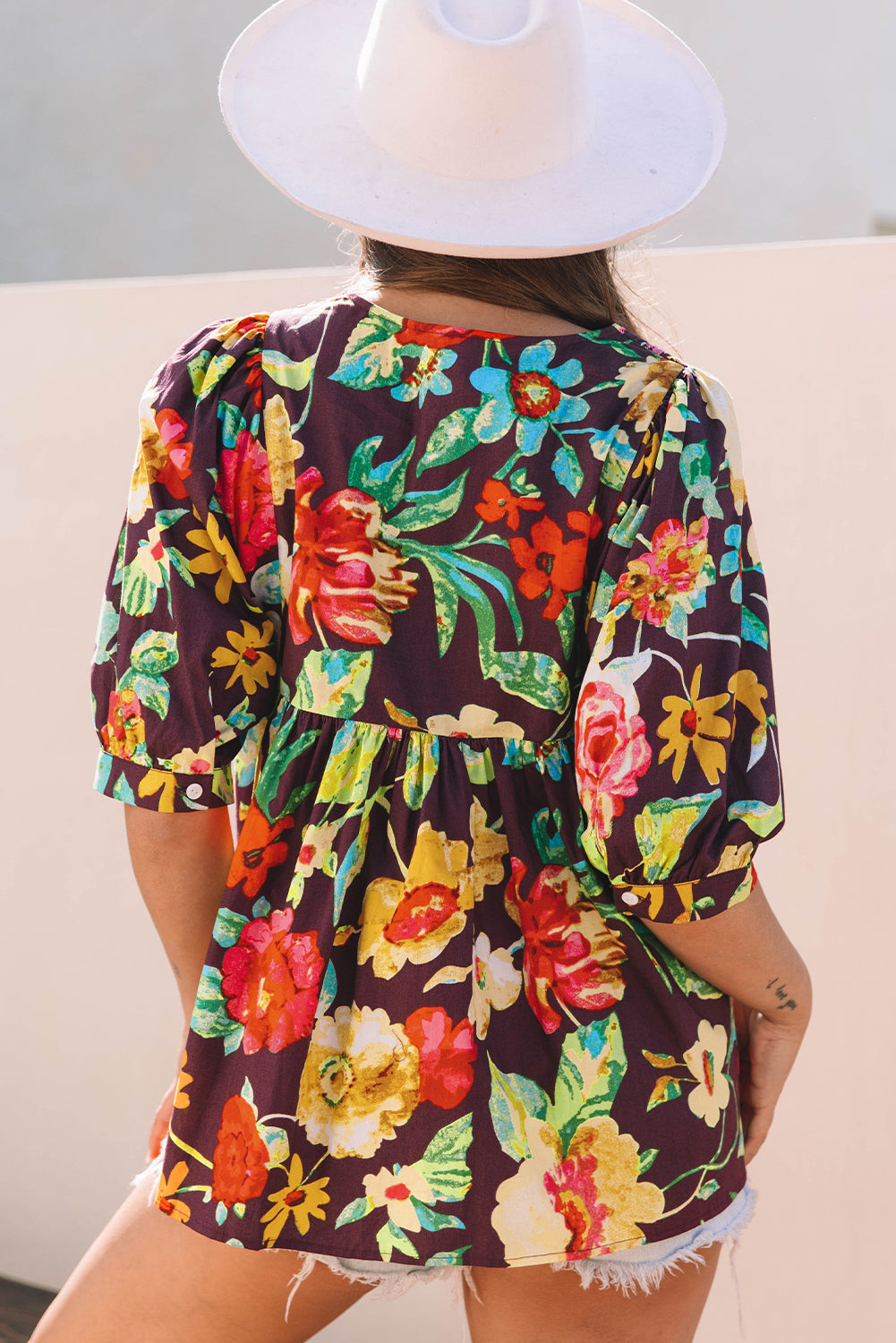 Adhara Flower Embroidered Trim Half Sleeve Blouse-1