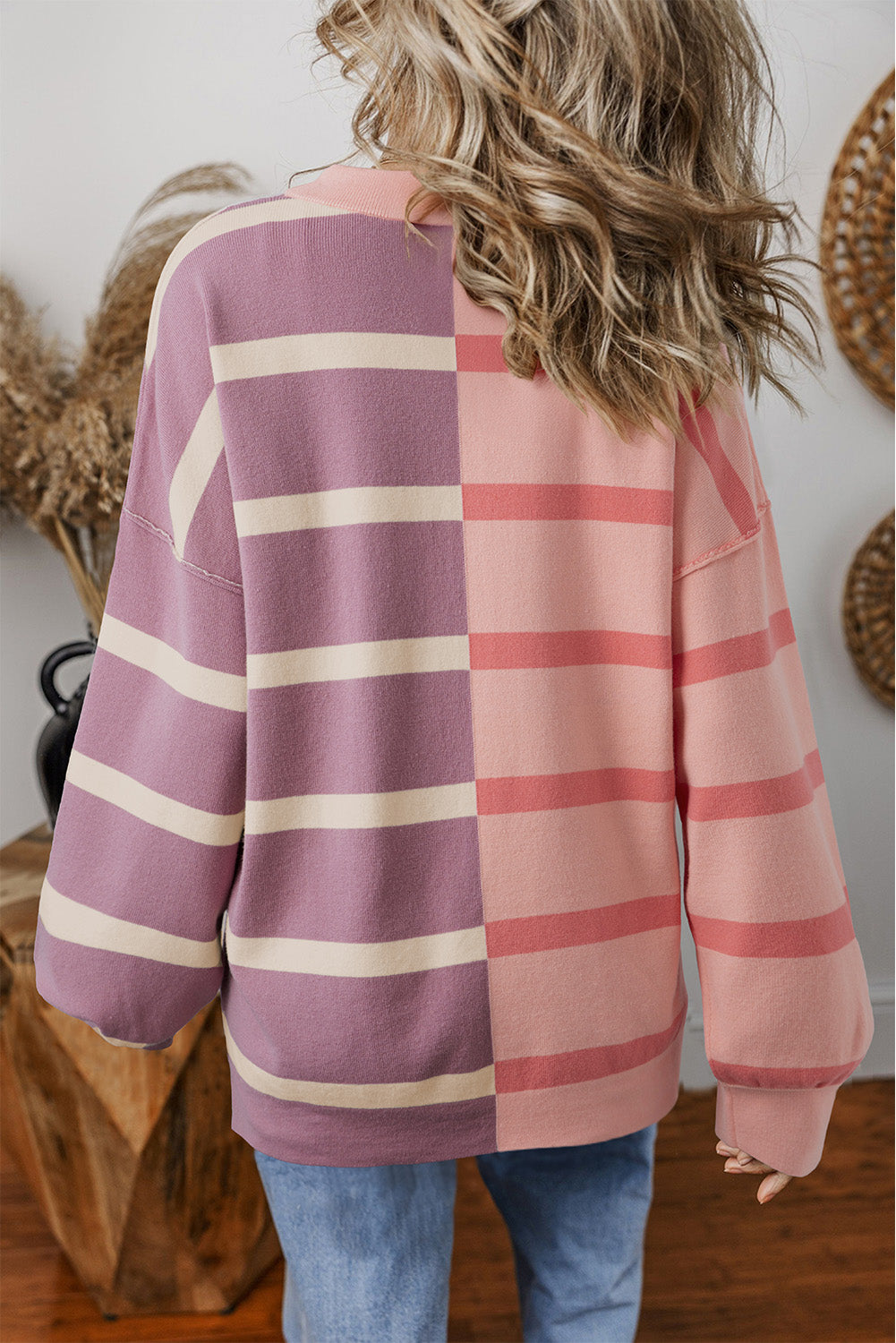 Pink Striped Patchwork Drop Shoulder Sweater