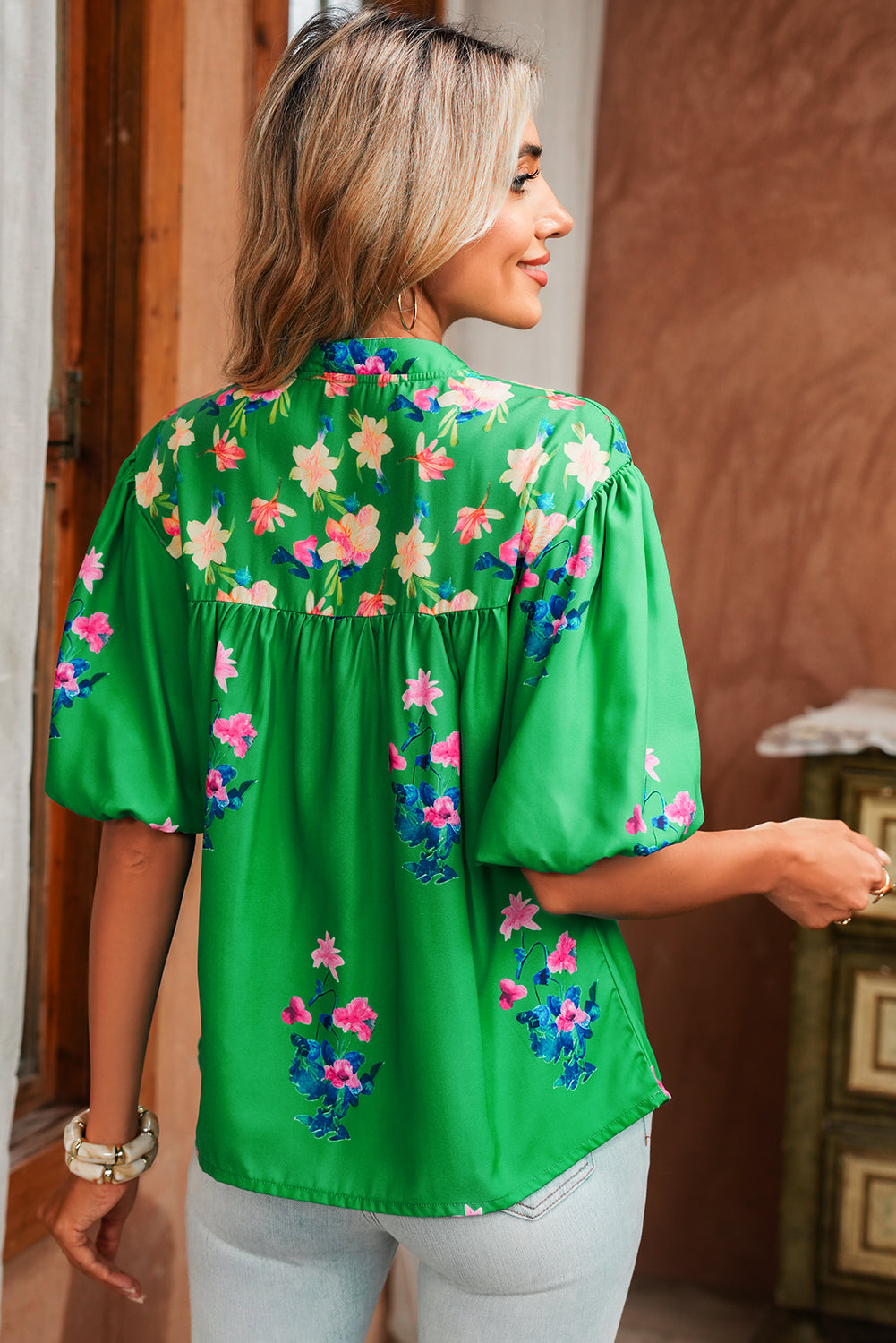 Green Floral Detail Tie Split Neck Puff Sleeve Blouse