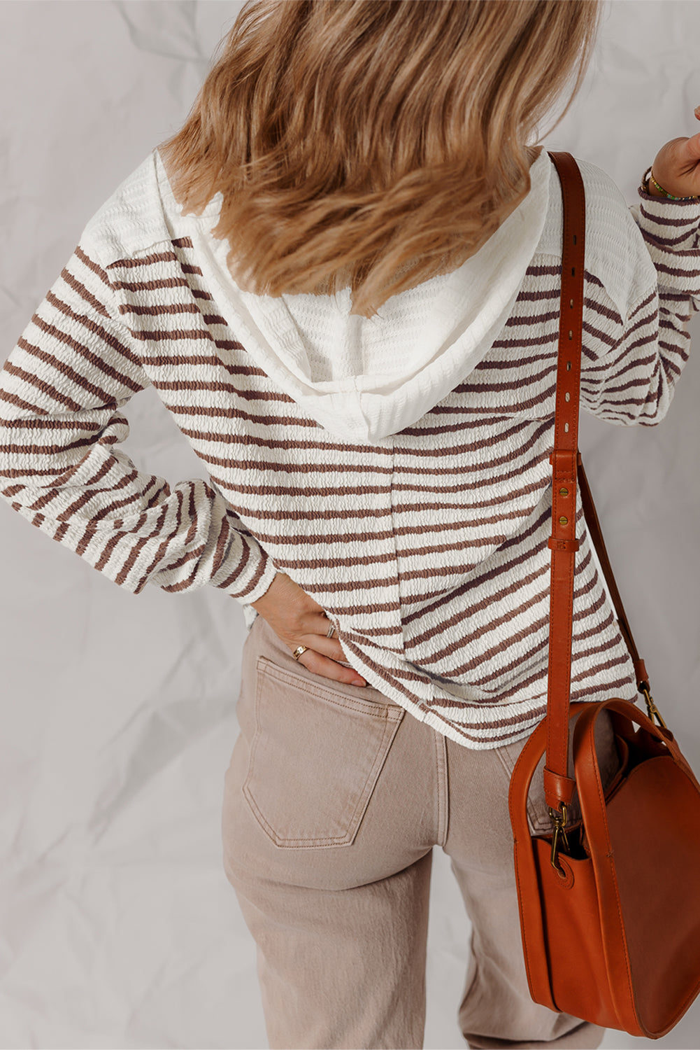 Khaki Stripe Textured Hooded Long Sleeve Top