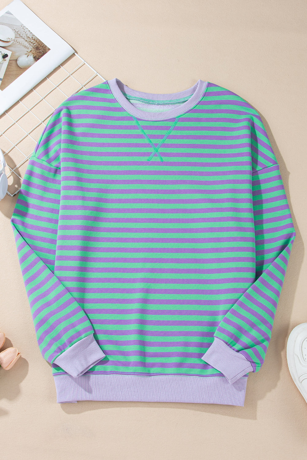 Blue Striped Contrast Trim Drop Shoulder Sweatshirt
