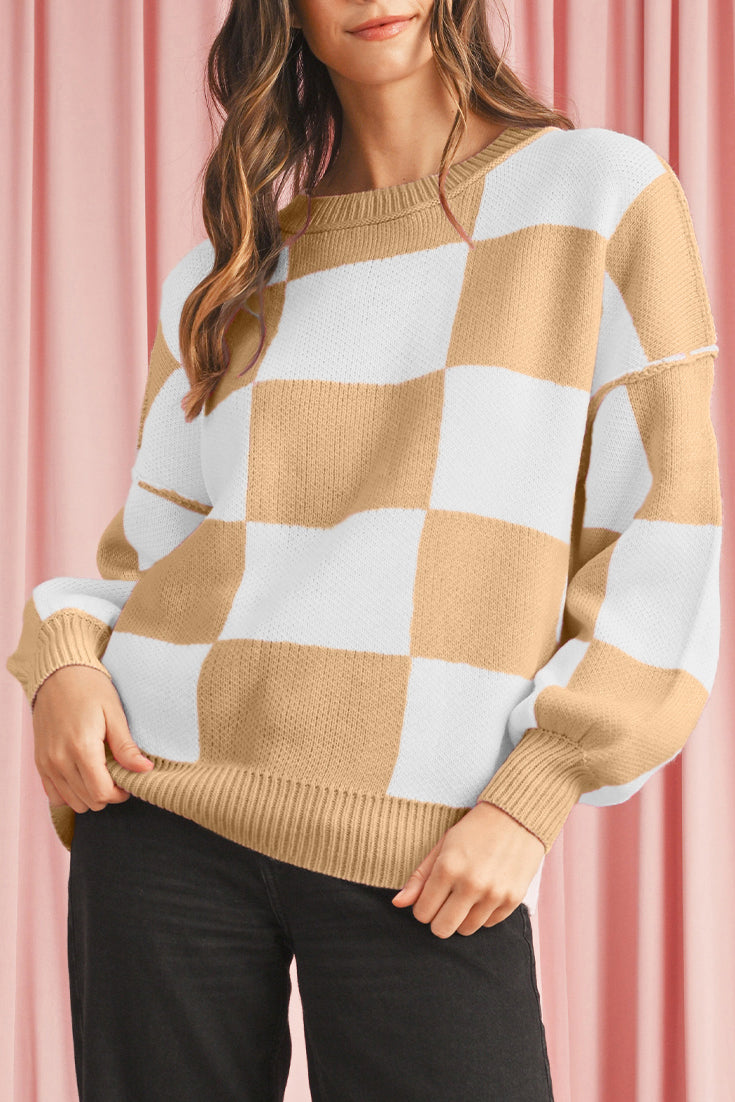 Khaki Plaid Bishop Sleeve Pullover Sweater