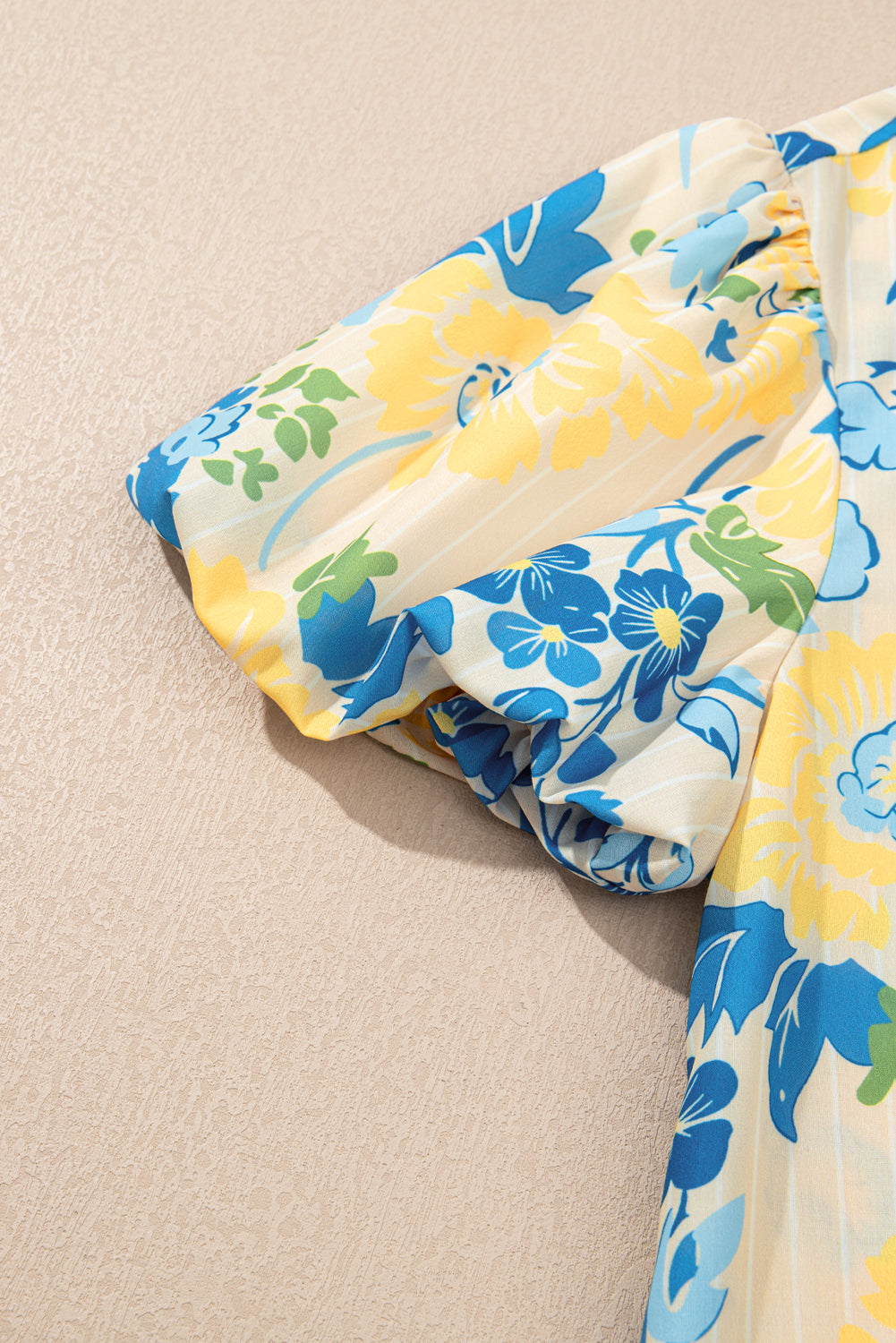 Blue Floral Print Striped Trim Puff Sleeve Mini Dress