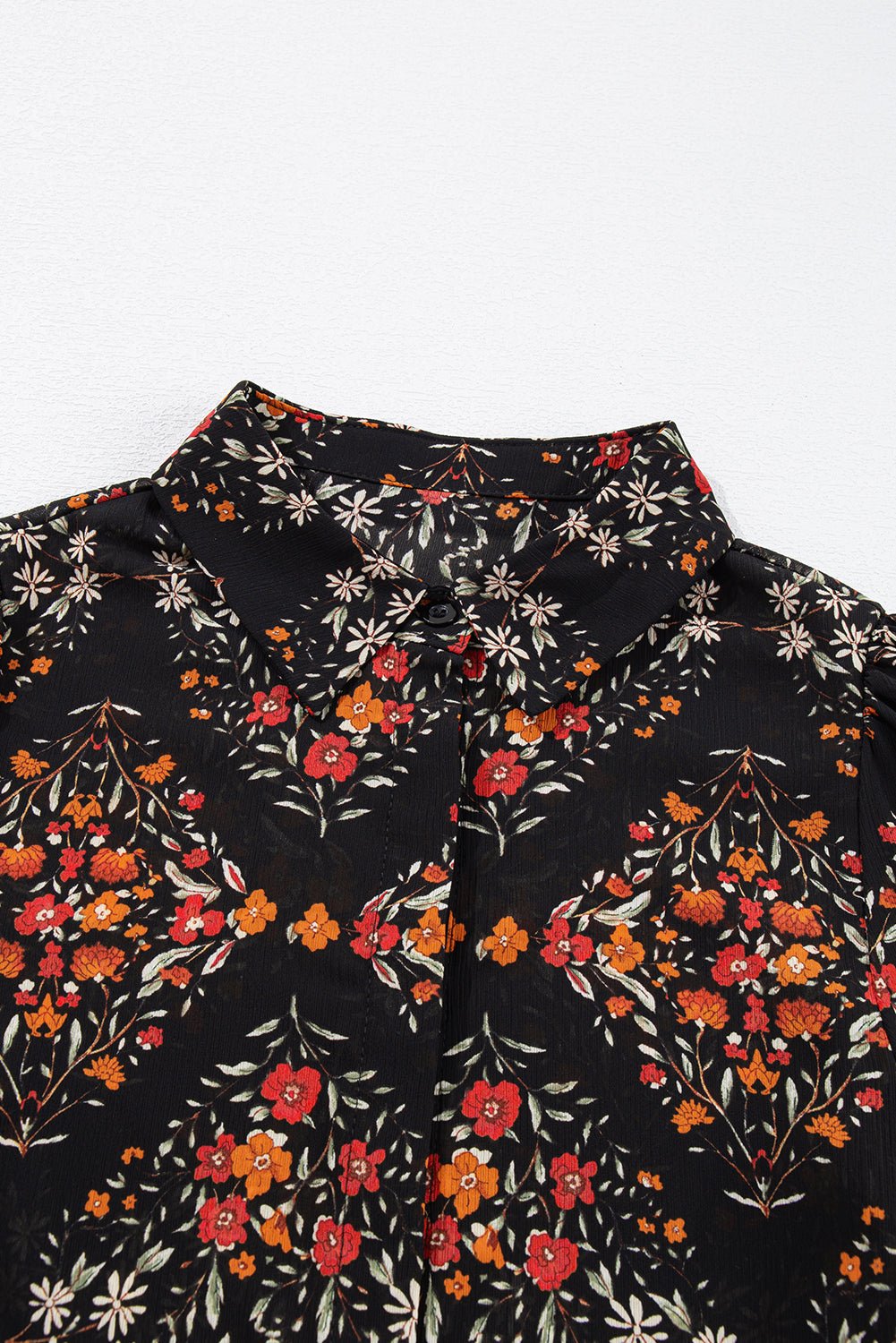 Black Floral Print Collared Button Up Puff Sleeve Shirt