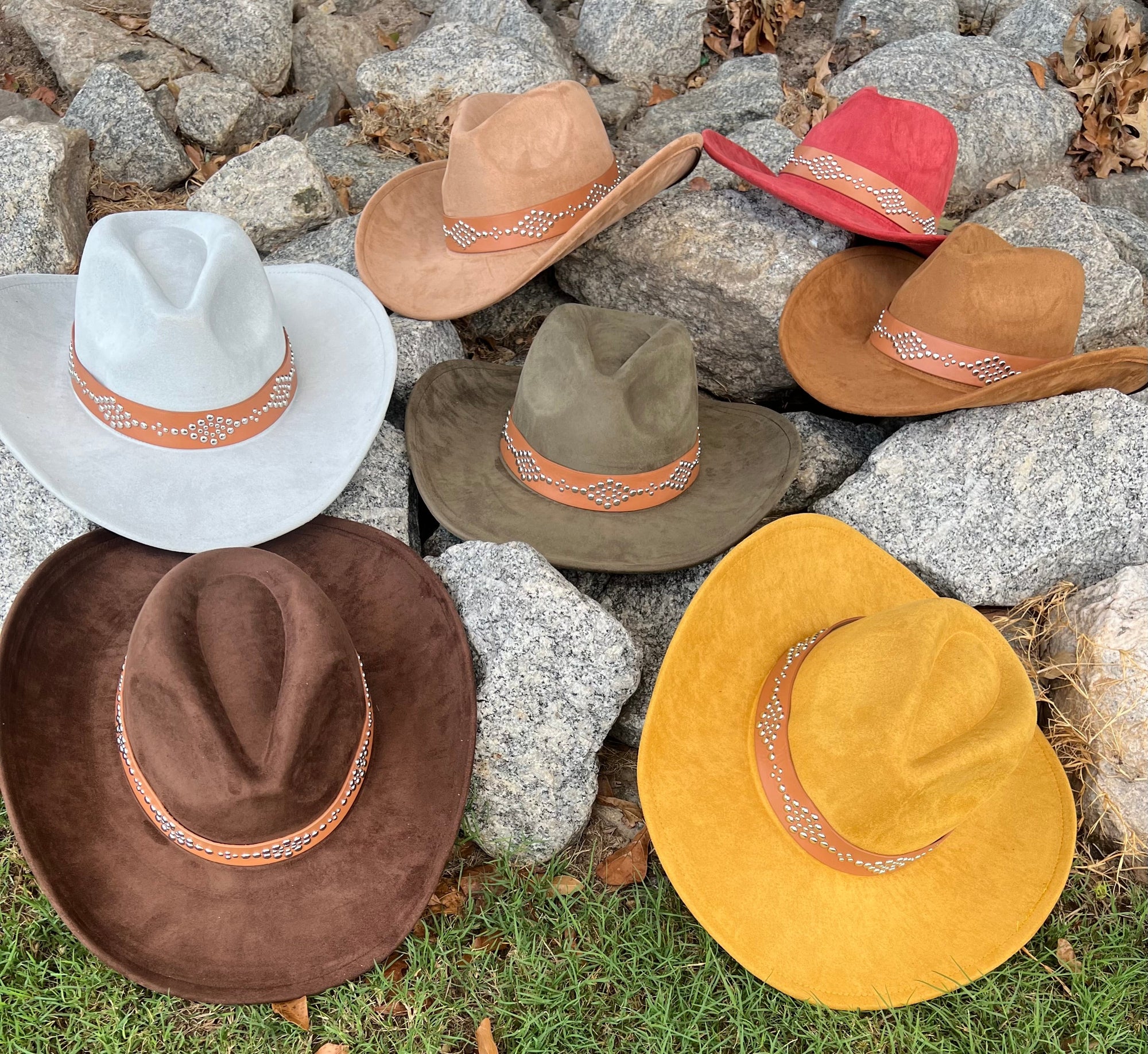 Nailed Suede Cowboy Hat - Brown, Gray, Yellow, Orange & Red - Classic Design with Decorative Band-0