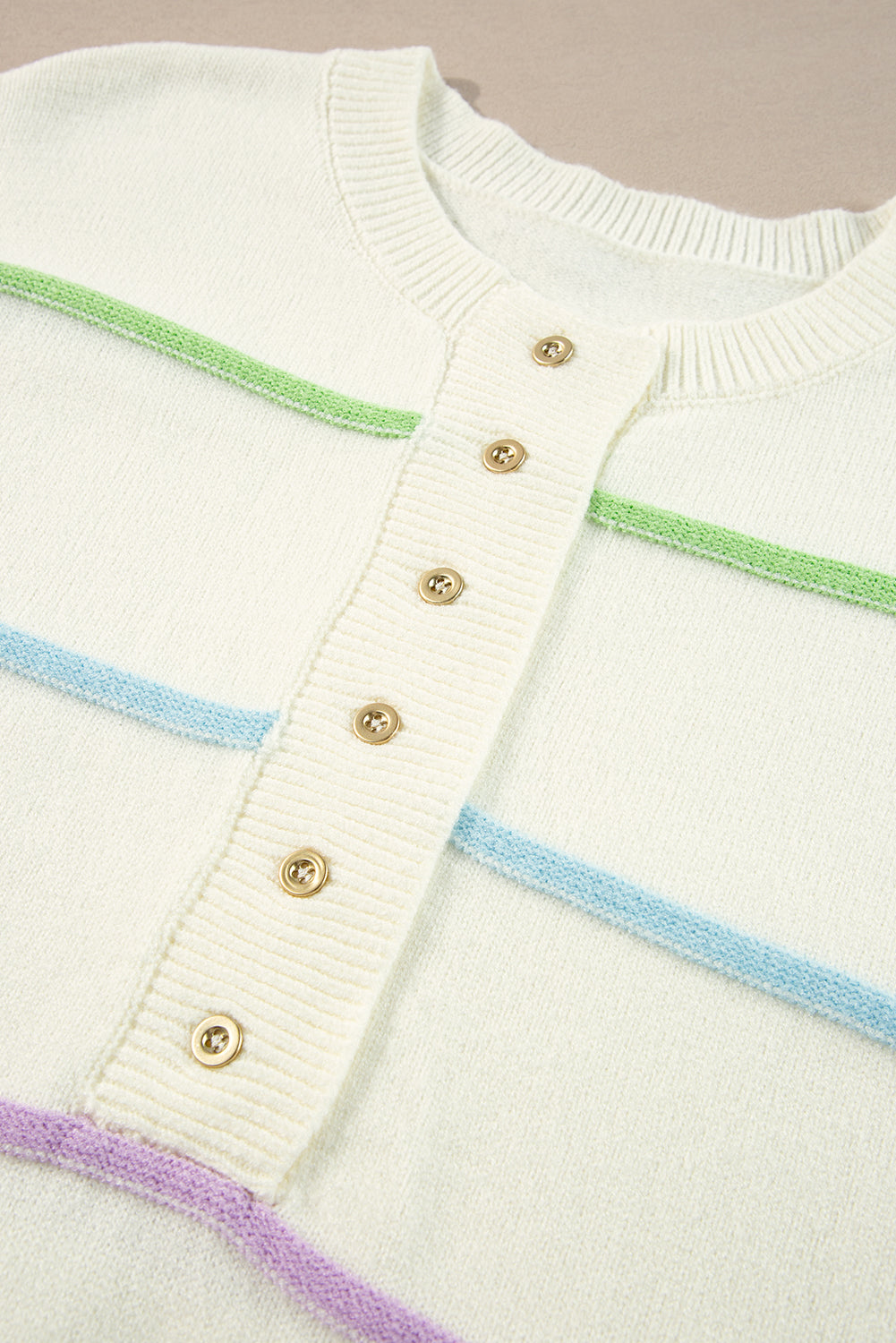 White Rainbow Striped Drop Sleeve Henley Sweater