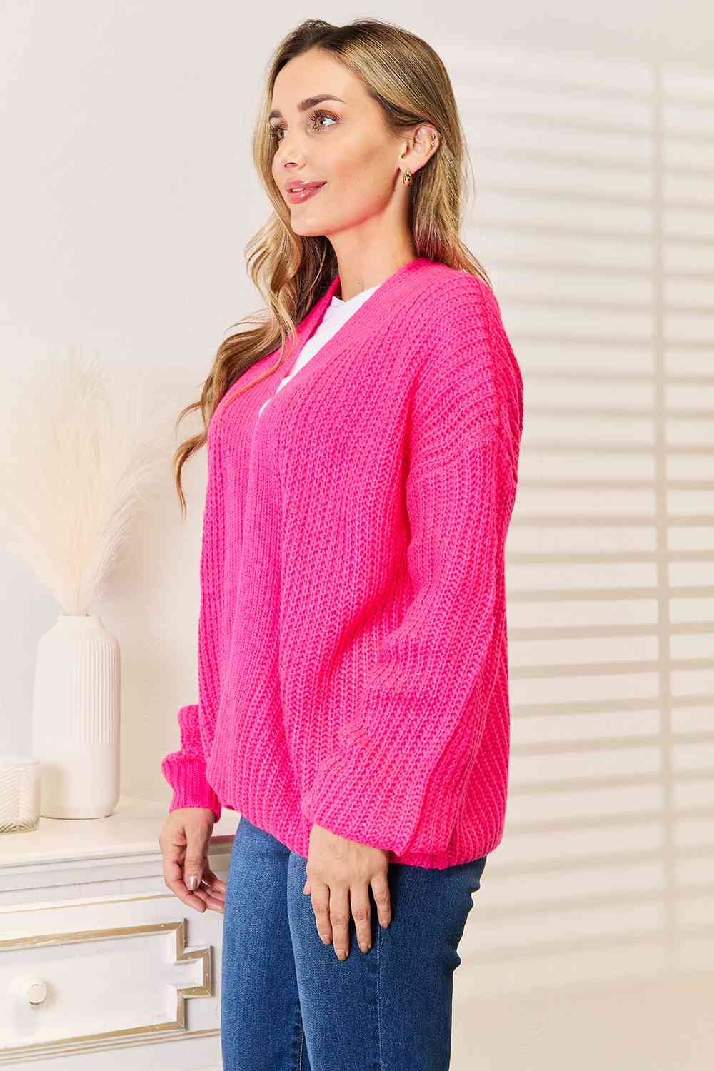 Woven Right Rib-Knit Open Front Drop Shoulder Cardigan-3
