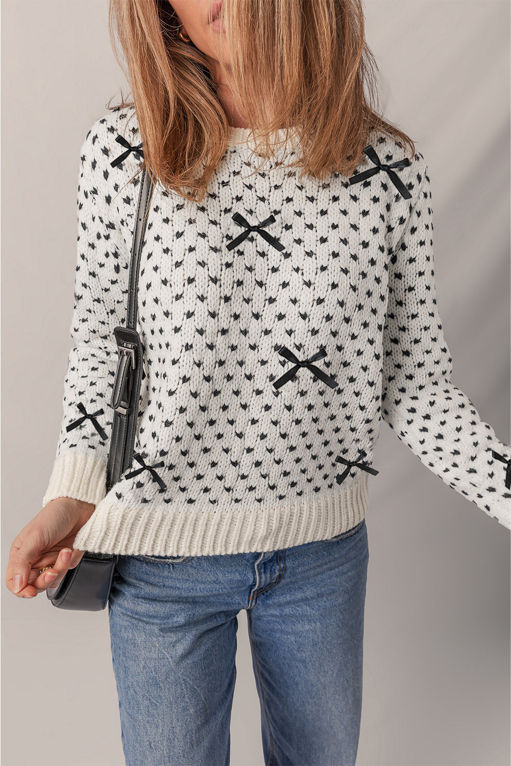 Beige Bow Decor Color Contrast Ribbed Edge Crew Neck Sweater