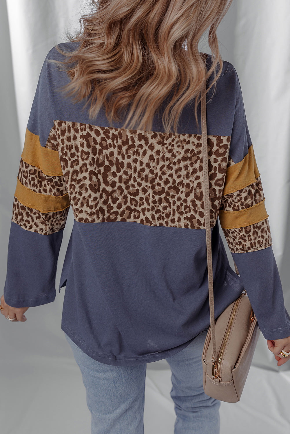 Dark Blue Leopard Colorblock Patchwork Drop Shoulder Top