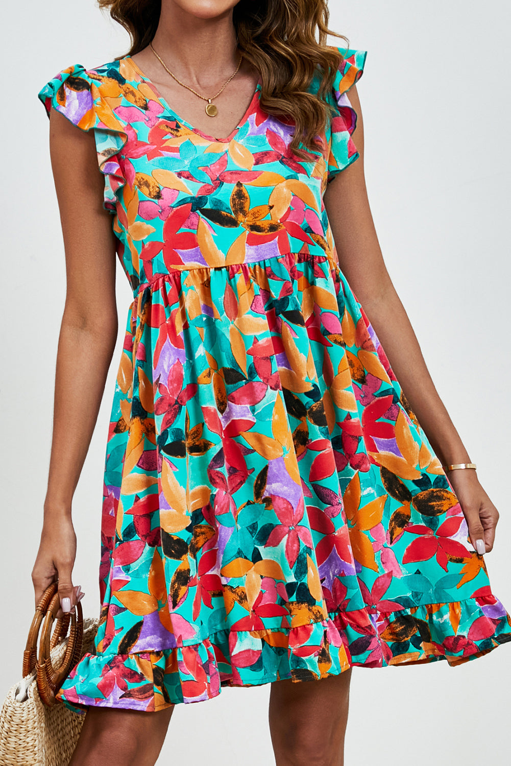 Green Leaf Print V Neck Fluttter Sleeveless Short Dress