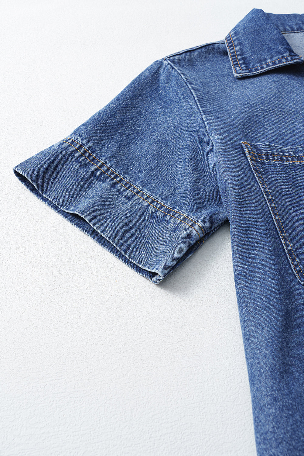 Blue Short Sleeve Collared Chest Pocket Denim Mini Dress