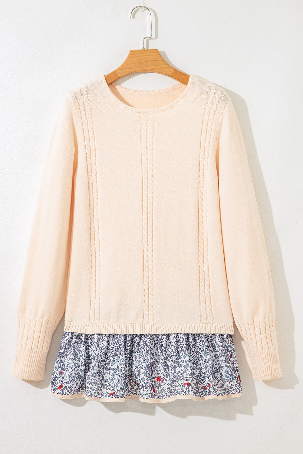 Beige Bohemian Floral Ruffle Hem Patchwork Knit Sweater