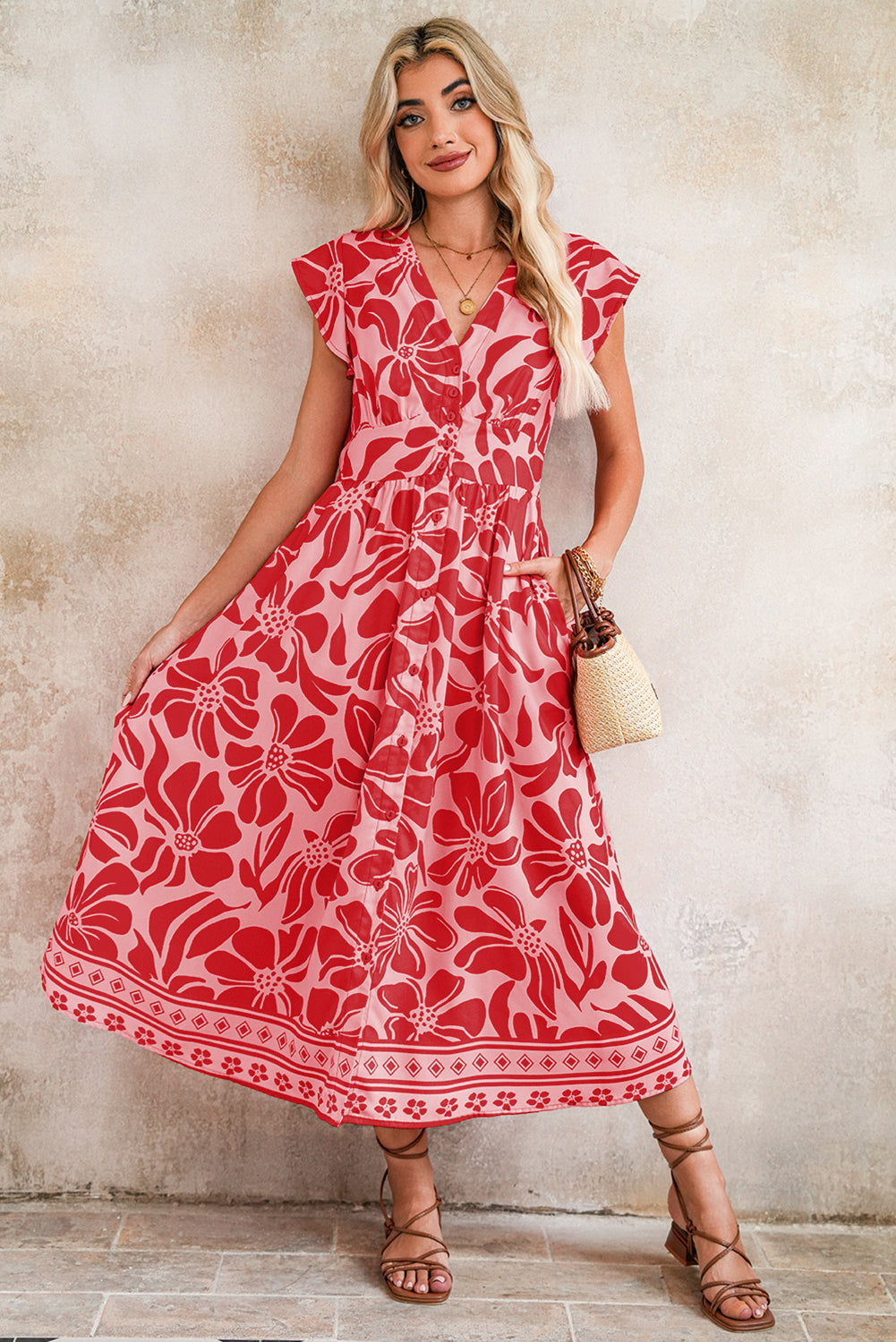 Red Boho Floral V-Neck Ruffle Shoulder Maxi Dress