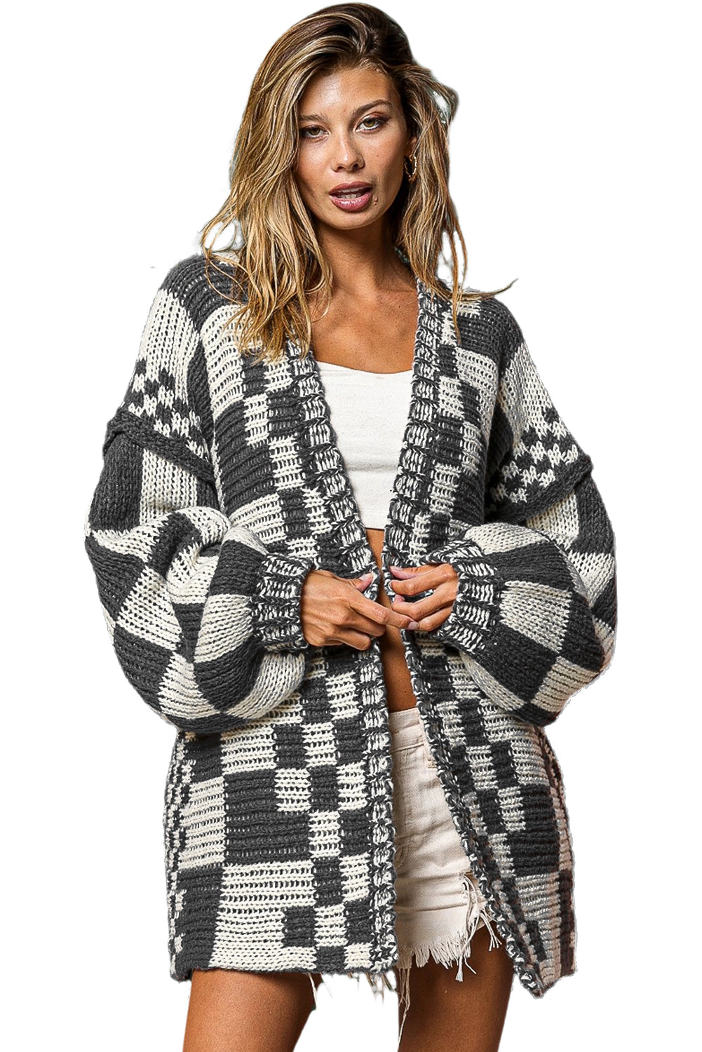 Dark Grey Colorblock Checked Loose Fit Open Front Knitted Cardigan