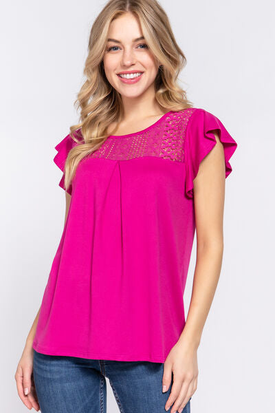 ACTIVE BASIC Ruffle Short Sleeve Lace Detail Knit Top-0