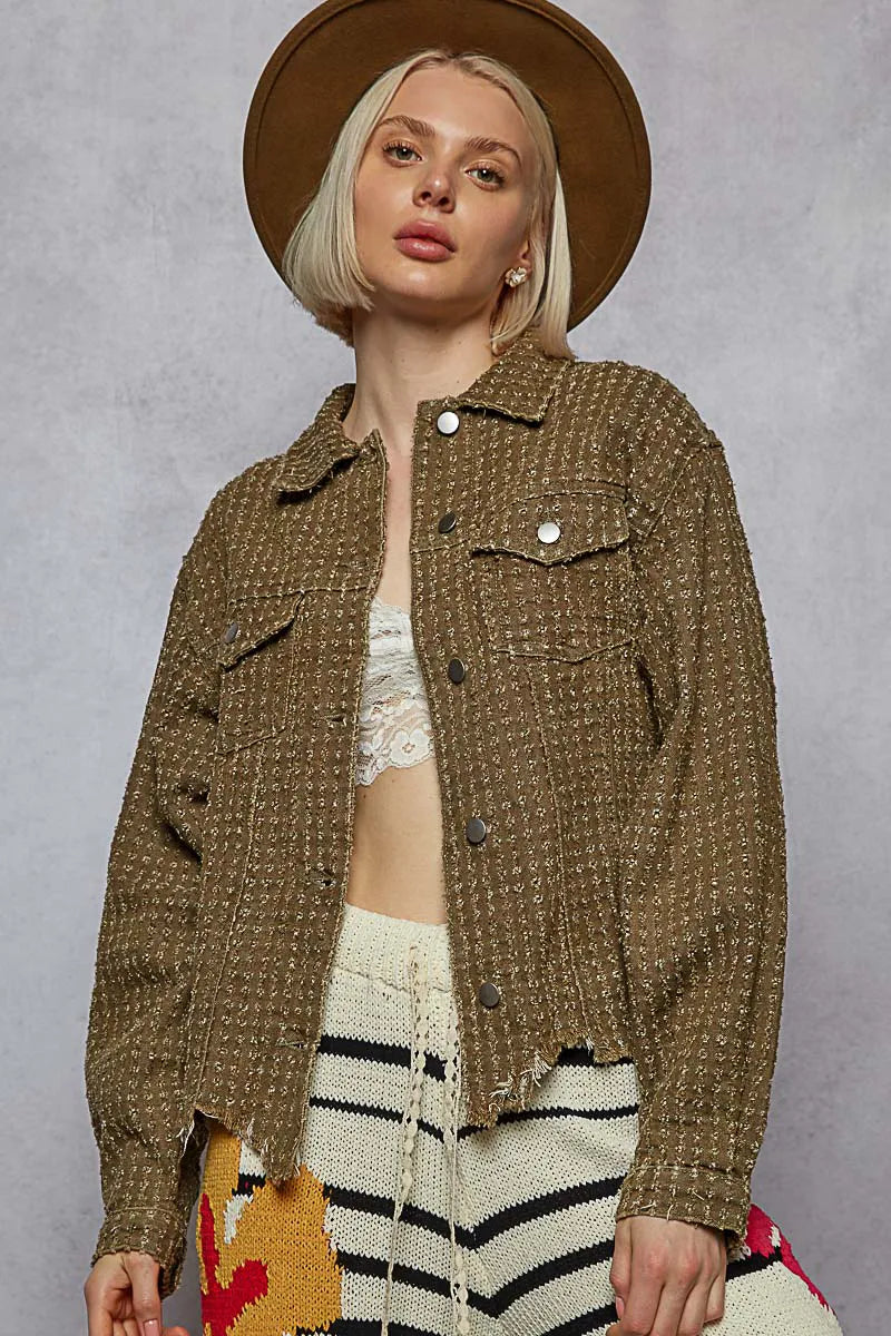 Raw Hem Button Up Jacket with Chest Pockets