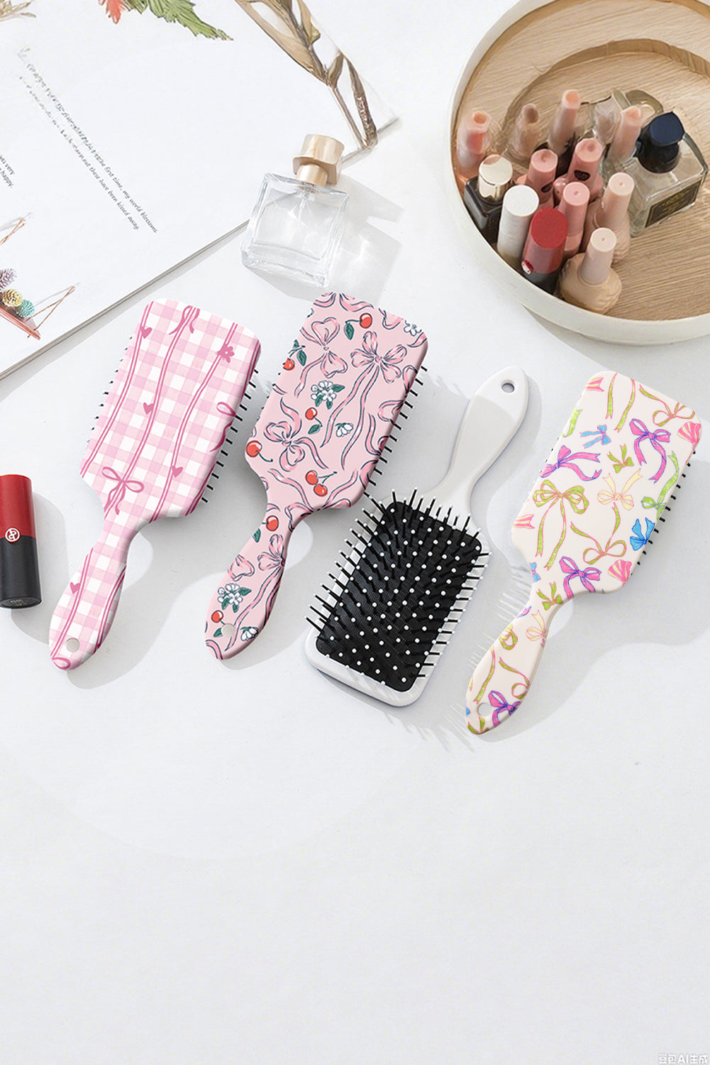 White Colorful Ribbon Bow Print Air Cushion Comb