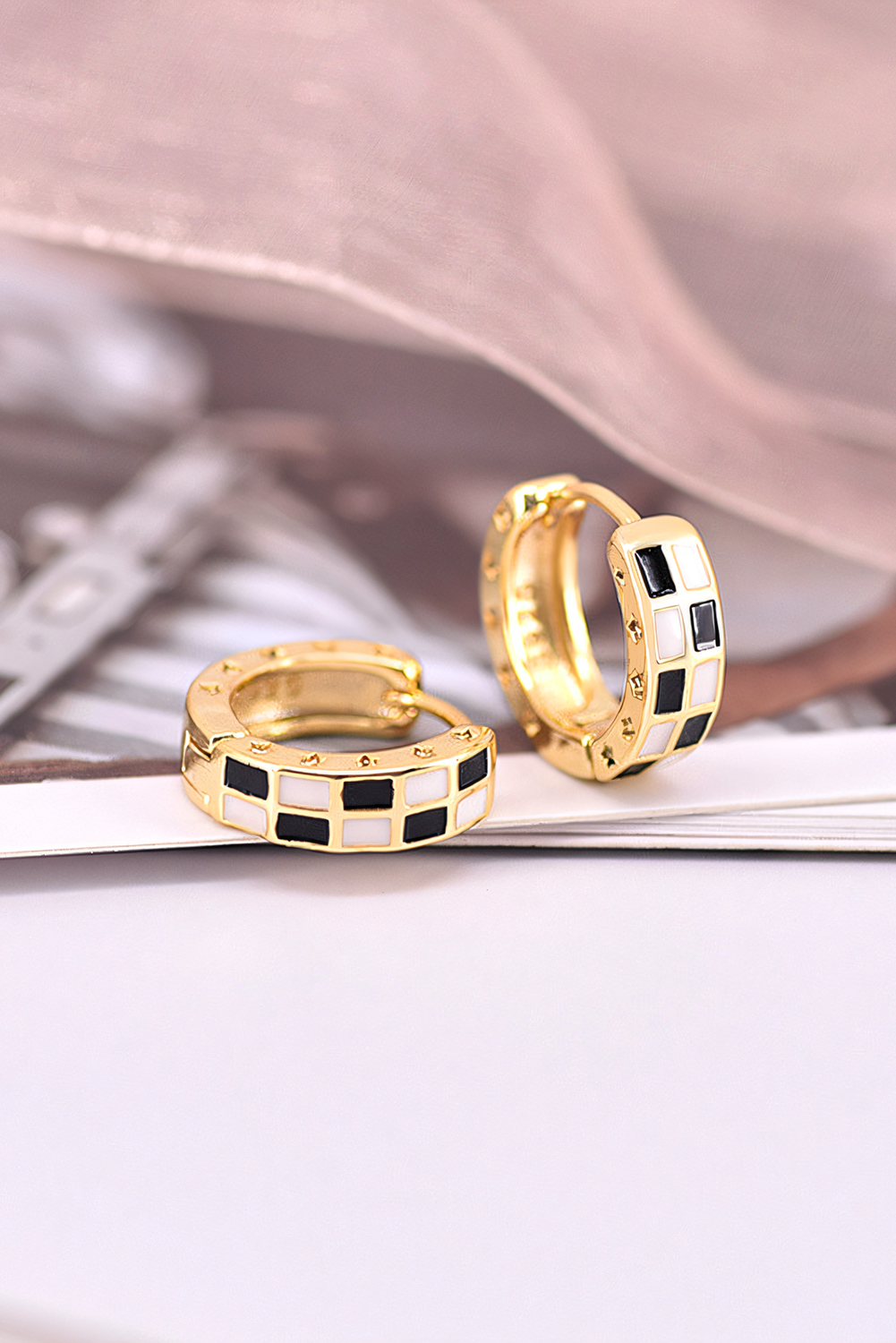 Gold Checkerboard Small Hoop Earrings