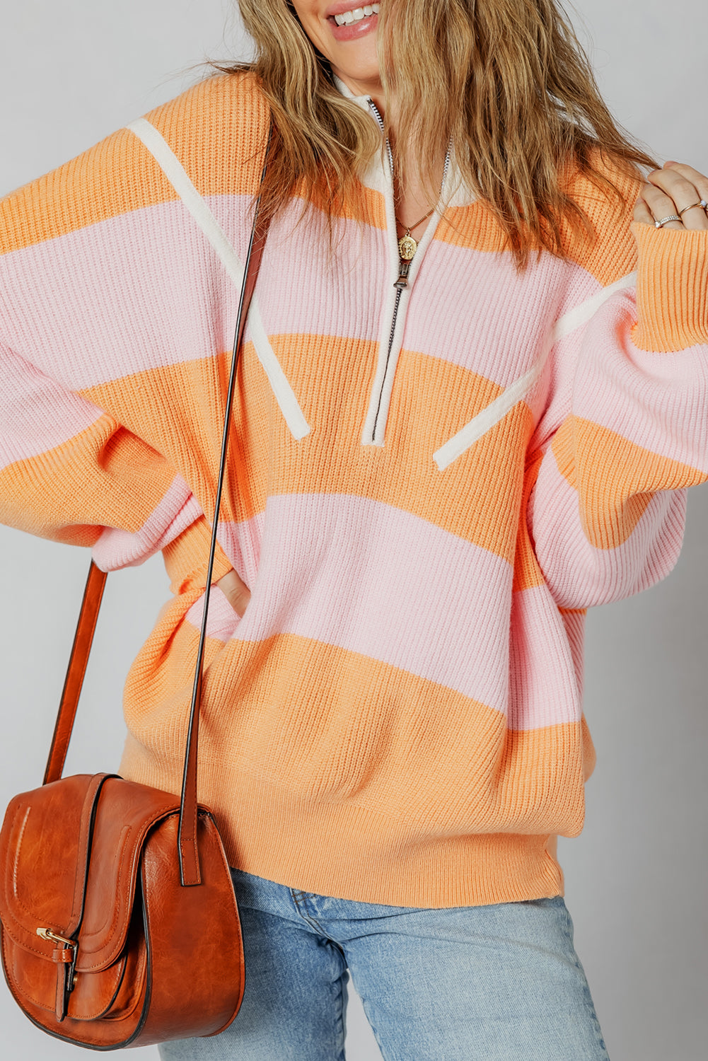 Orange Stripe Half Zip Collar Loose Sweater