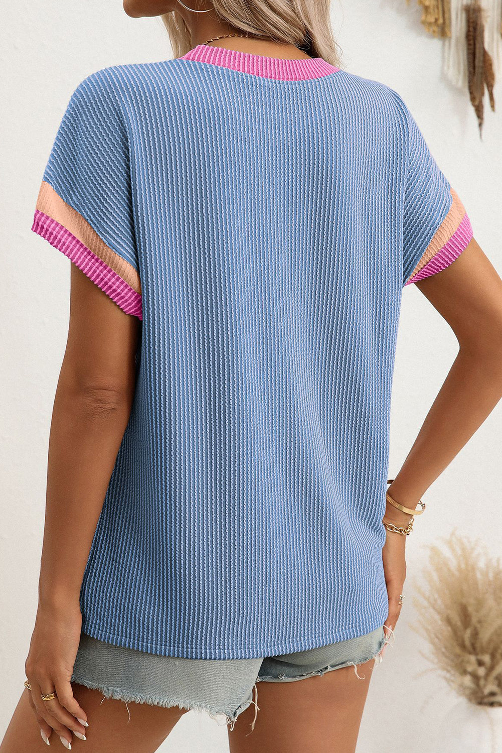 Dark Blue Colorblock Trim Corded Rib T Shirt
