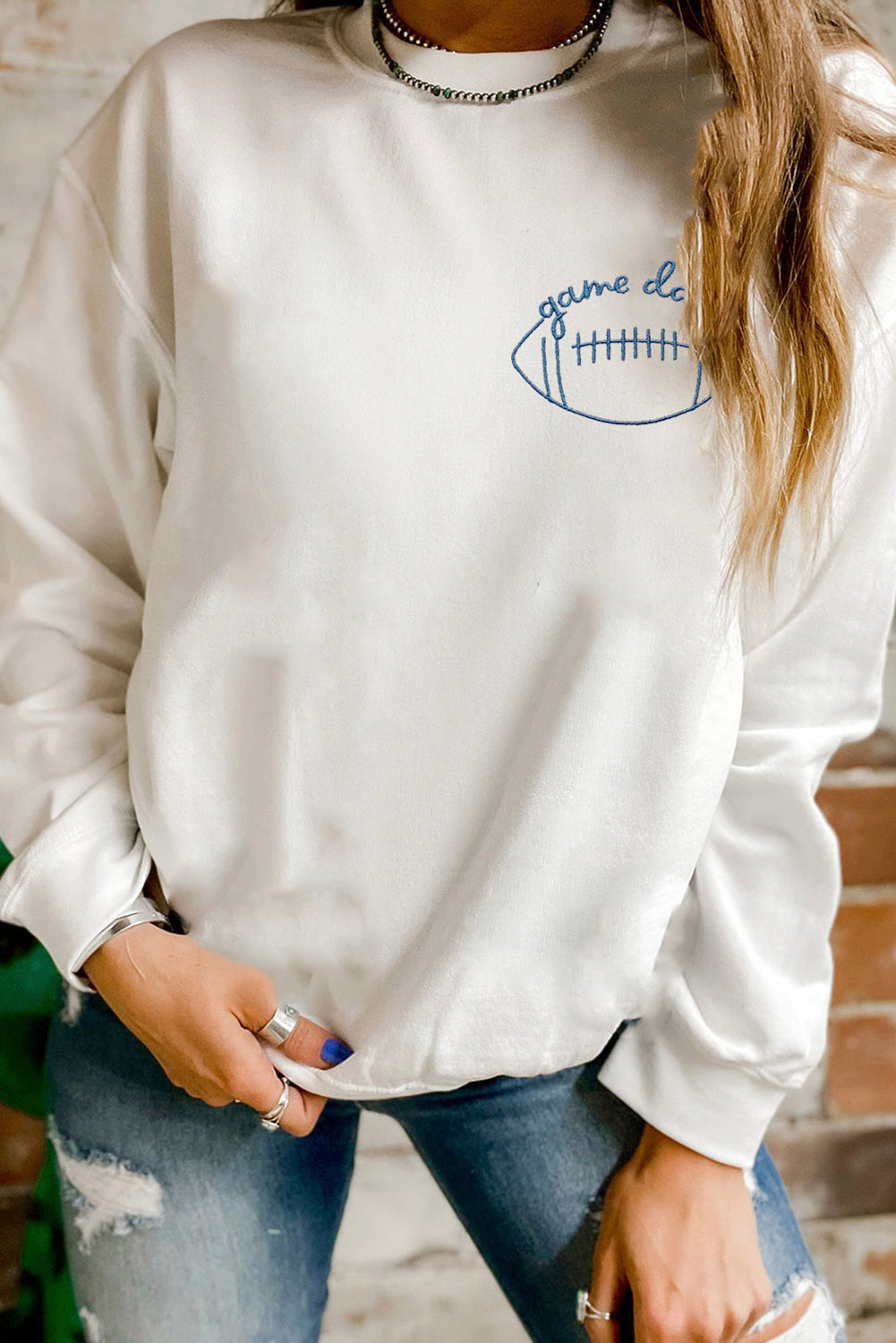 White game day Football Embroidered Casual Sweatshirt