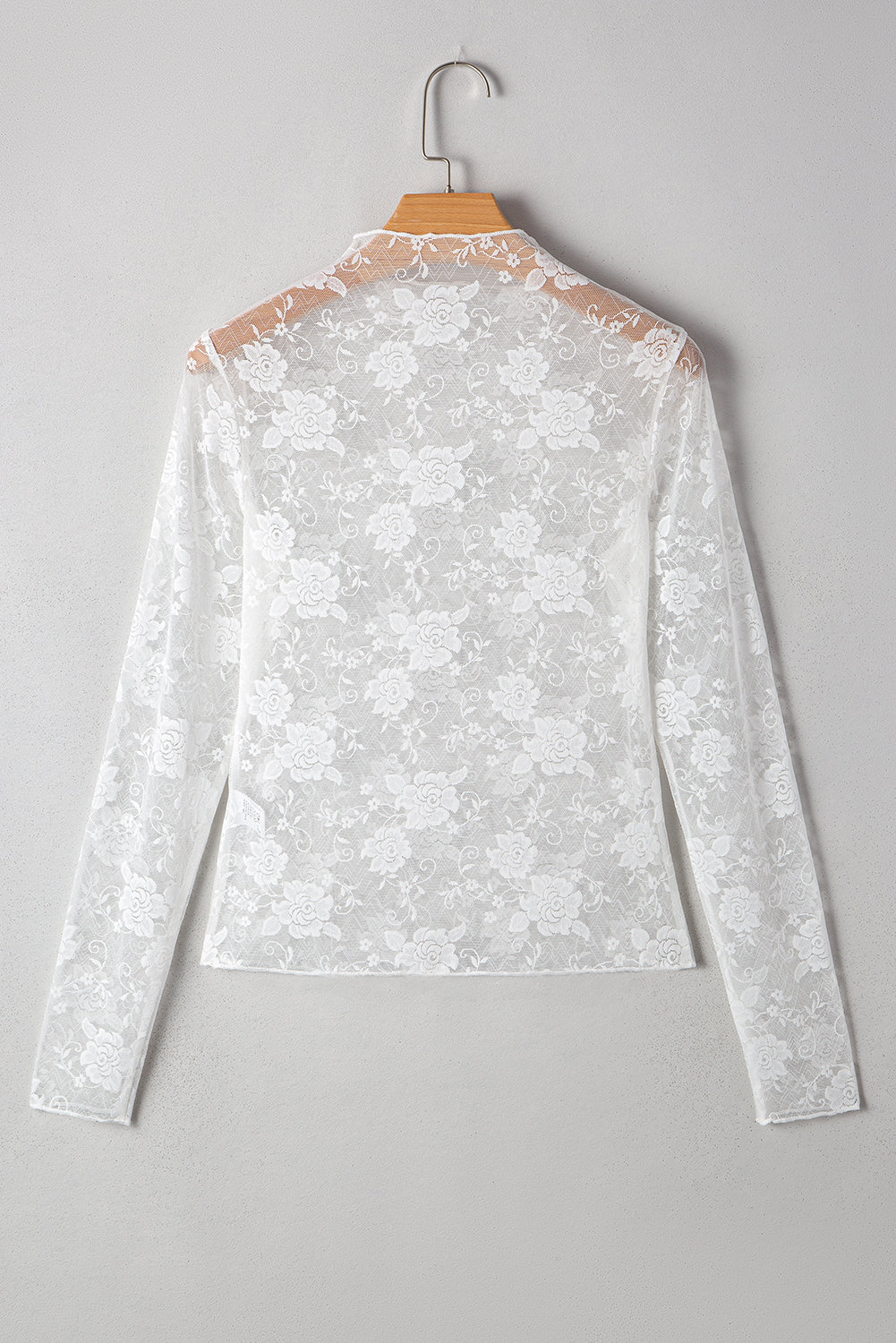 White Mock Neck Floral Lace Mesh Long Sleeve Top