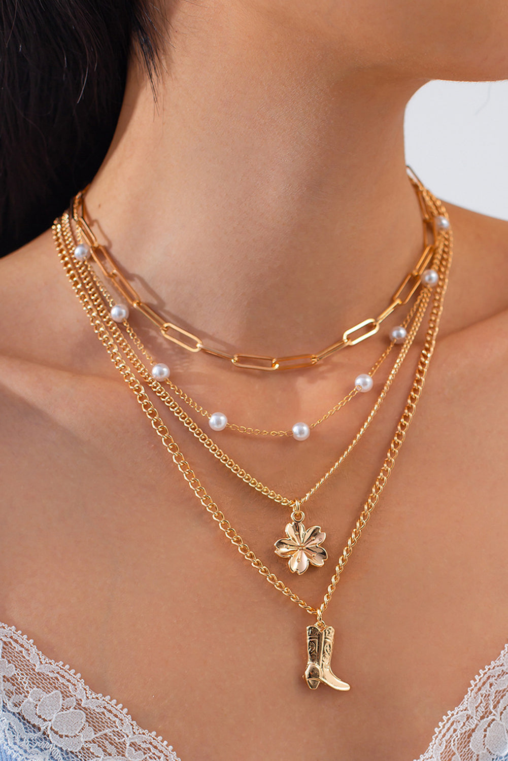 Gold Flower Boot Pendent Pearl Chain Necklace Set
