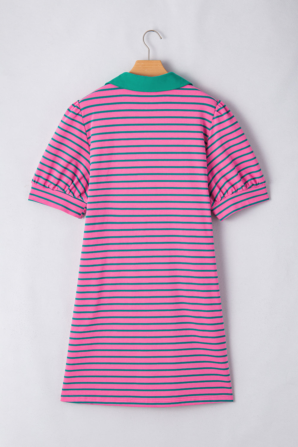 Rose Stripe Collared Puff Sleeve Pocket Plus Size Pop of Color Neckline Dress