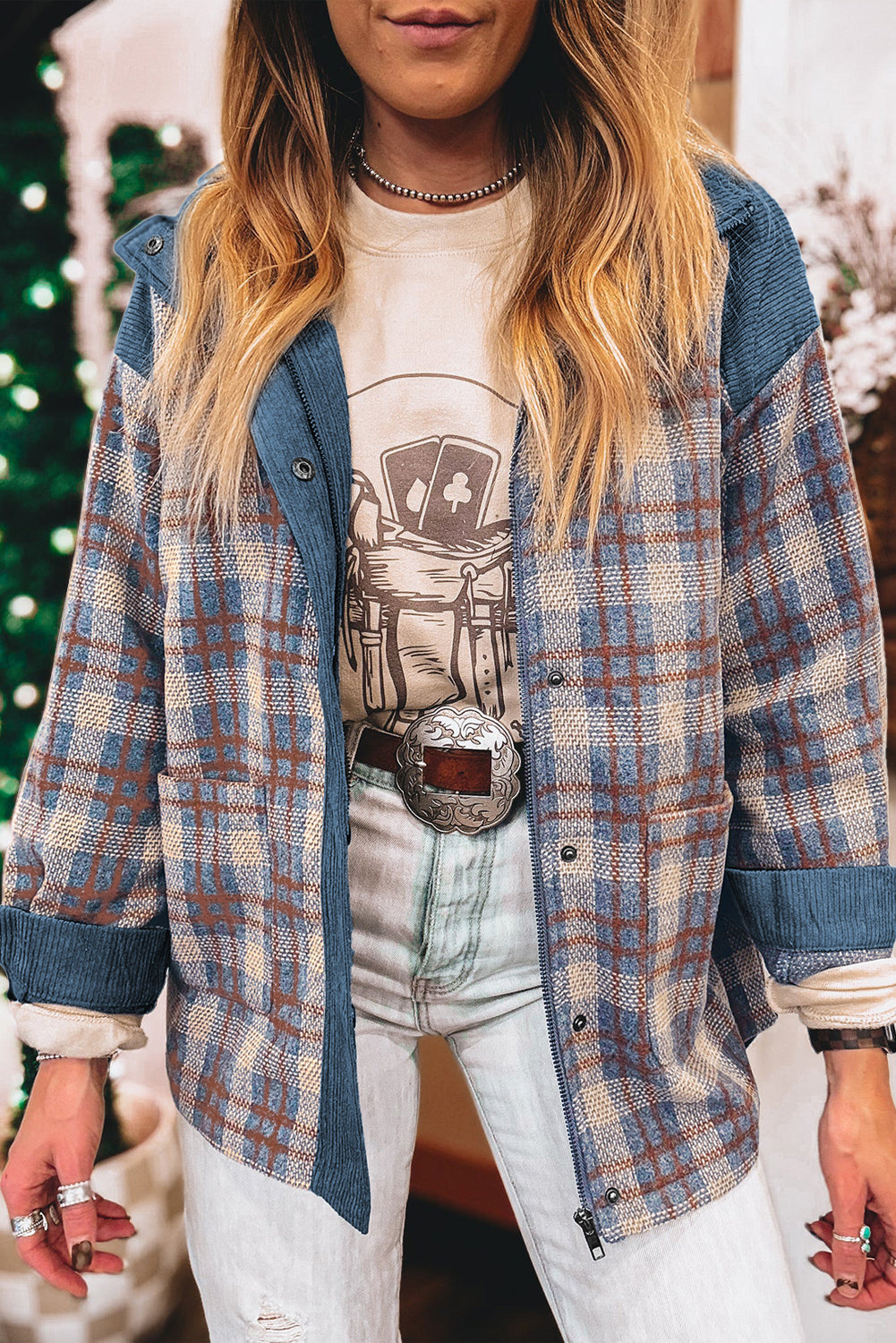 Gray Plaid Corduroy Patchwork Collared Zip Up Snap Button Jacket