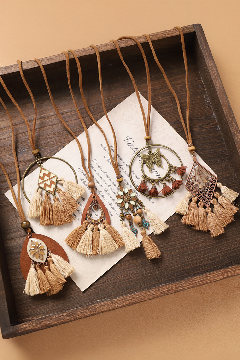 Chestnut Boho Tassel Fringe Necklace with Leather Cord