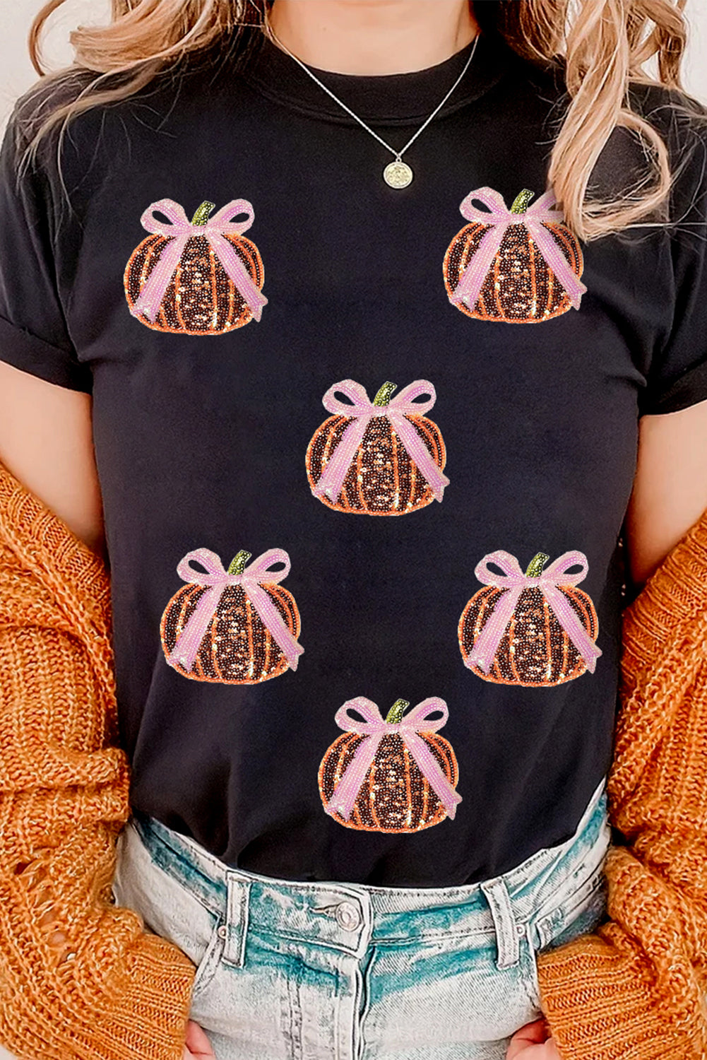 Black Sequin Bow Pumpkin Patched Cotton Blend T Shirt