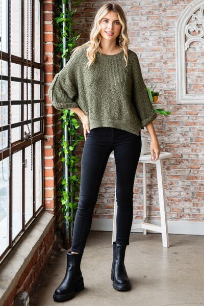 Veveret Round Neck Roll-Up Sweater-4